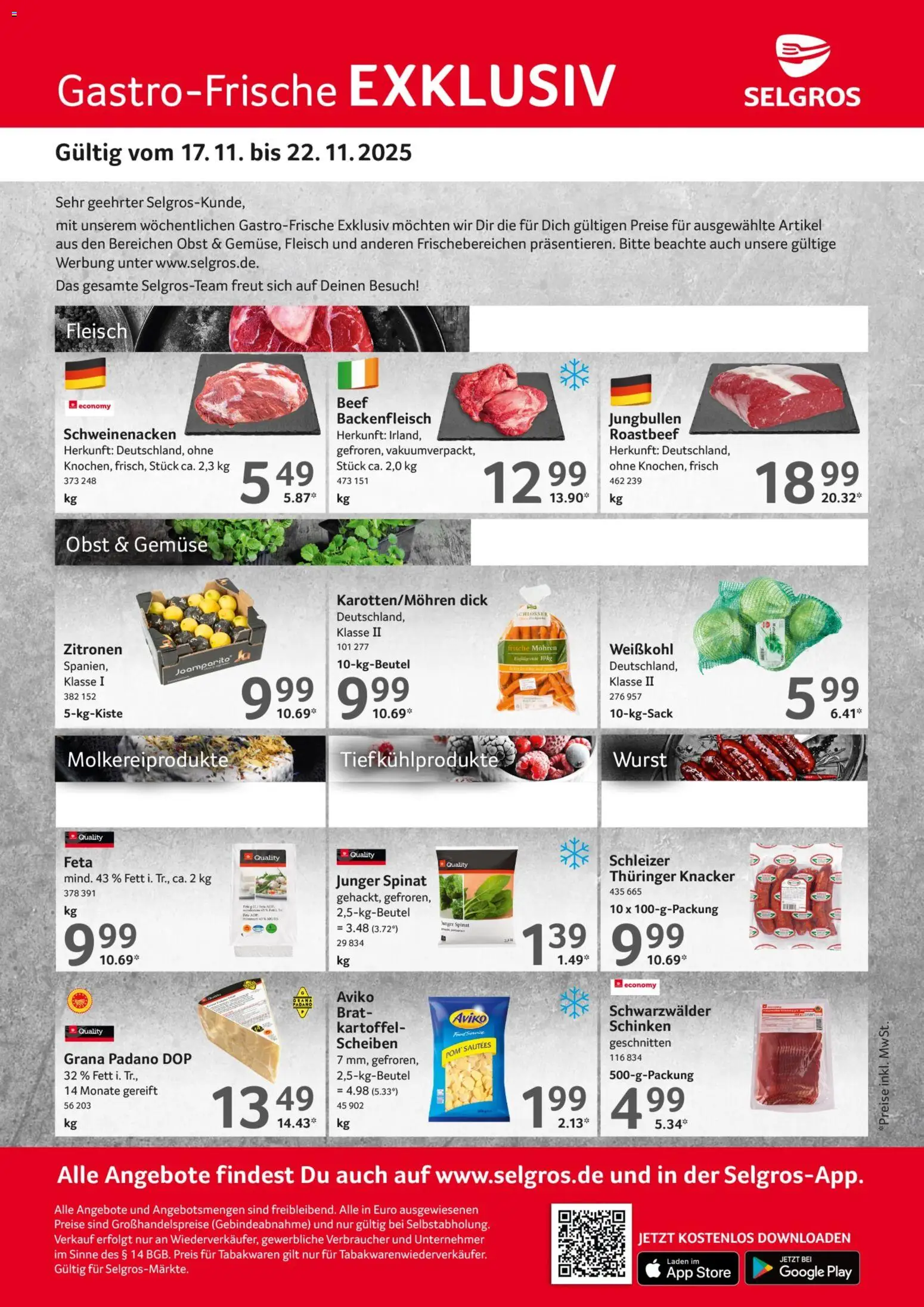 Selgros Gastro Angebote – gültig ab 17.11.2025 | Seite: 1 | Produkte: Roastbeef, Gemüse, Obst, Wurst
