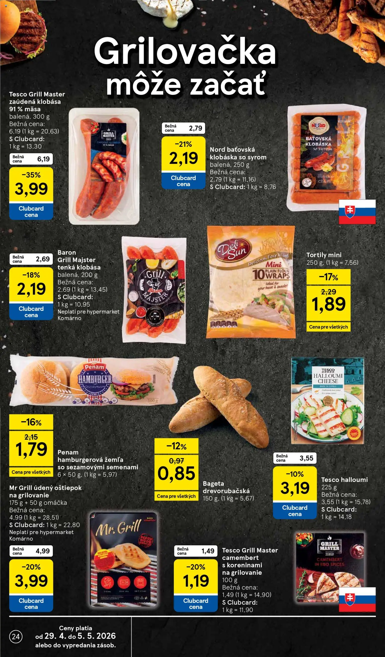Nové Tesco akcie – leták je platný od 29.04.2026 | Strana: 24 | Produkty: Tortilla, Klobása, Maska, Omáčka