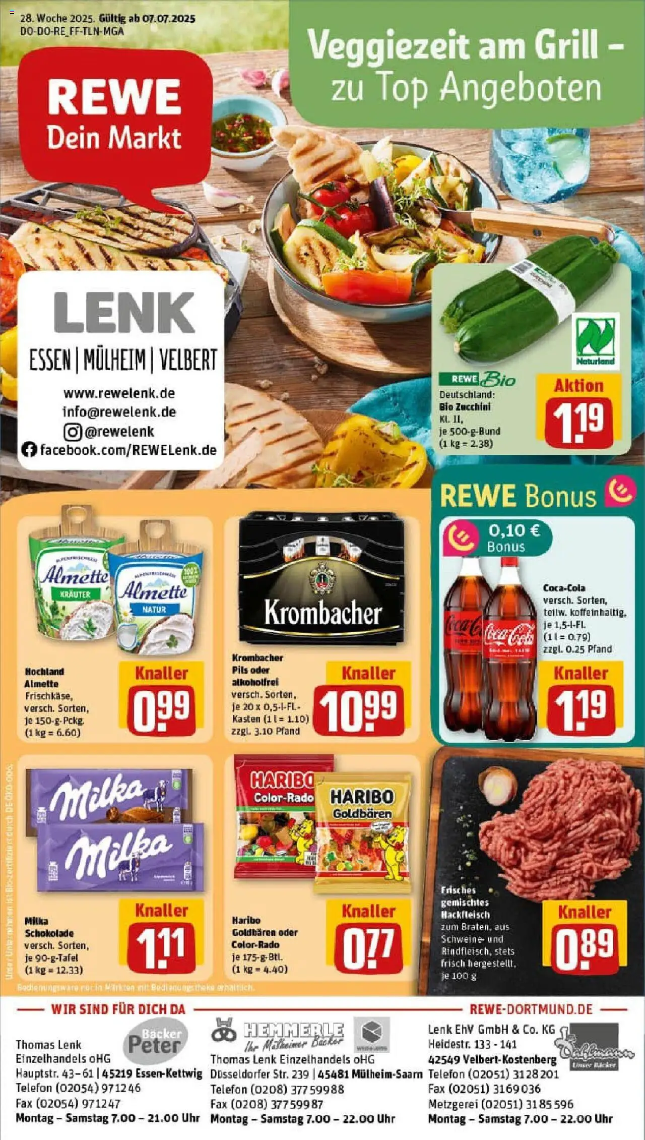 Rewe prospekt Essen	 - gültig ab dem 07.07.2025 | Seite: 1 | Produkte: Theke, Milka schokolade, Krombacher, Zucchini