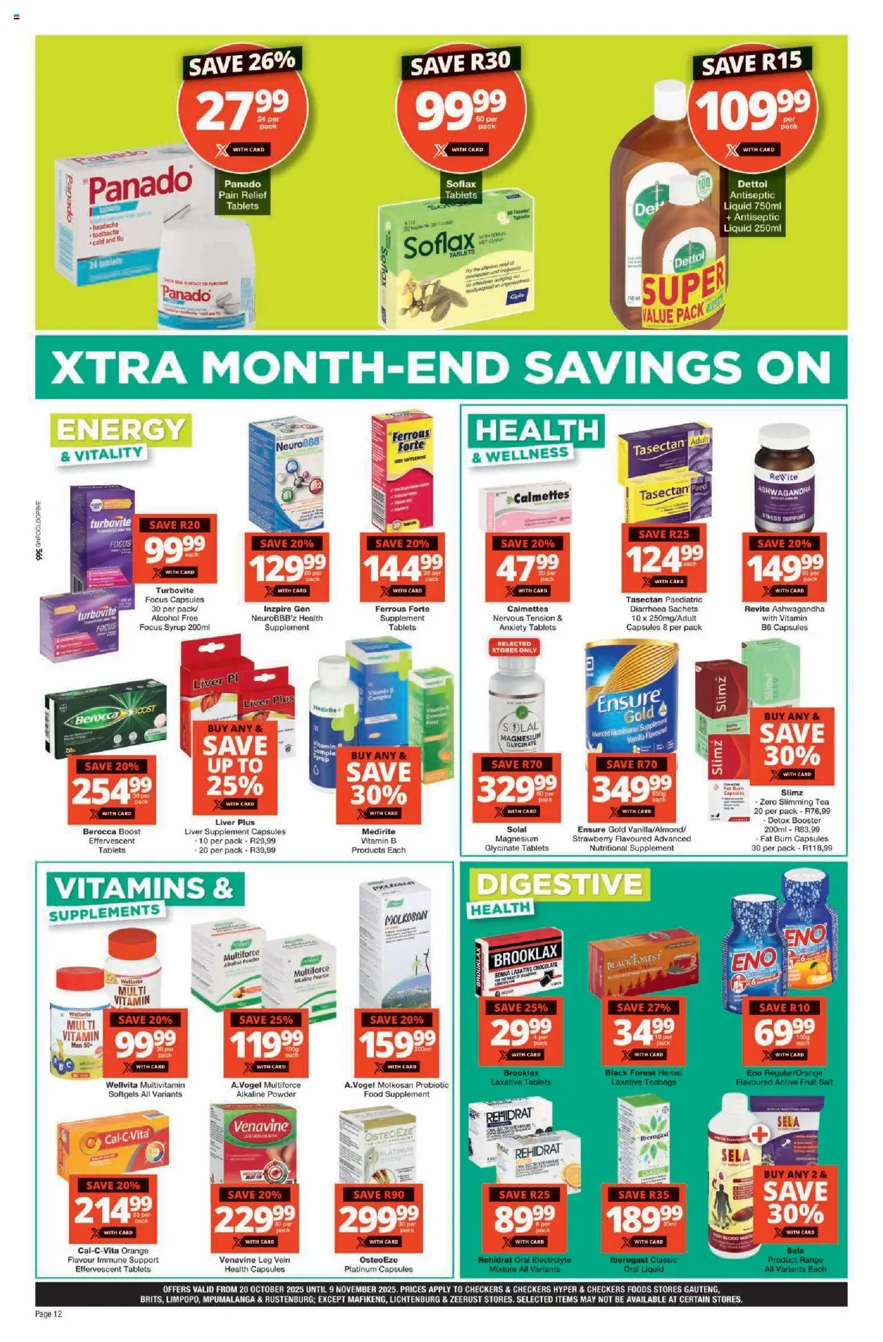 New Checkers catalogue – valid from 20.10.2025 | Page: 12 | Products: Antiseptic liquid, Vitamins, Fruit, Salt