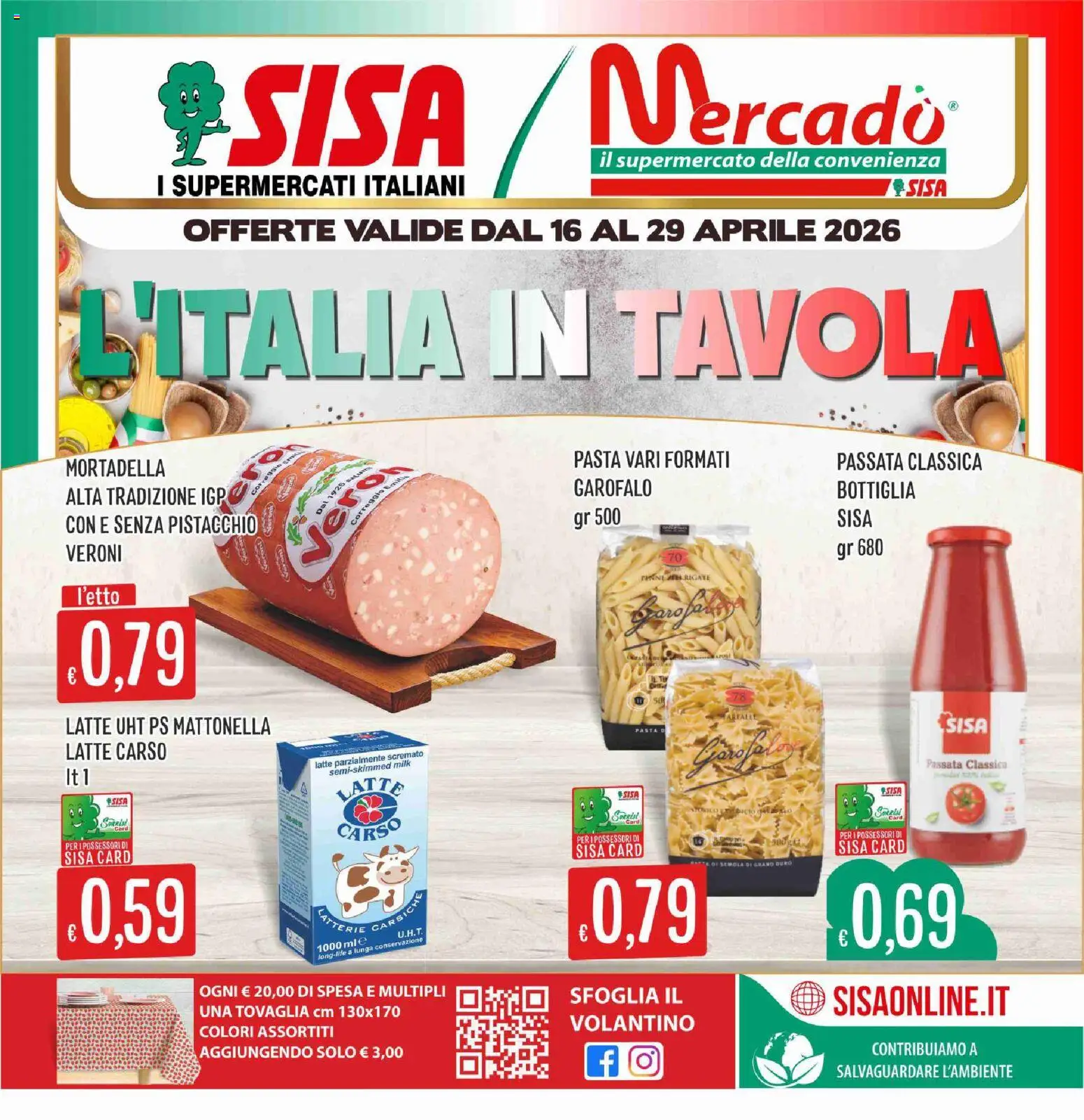 Volantino SISA del 16.04.2026 | Pagina: 1 | Prodotti: Latte, Mortadella, Latte parzialmente scremato, Tovaglia