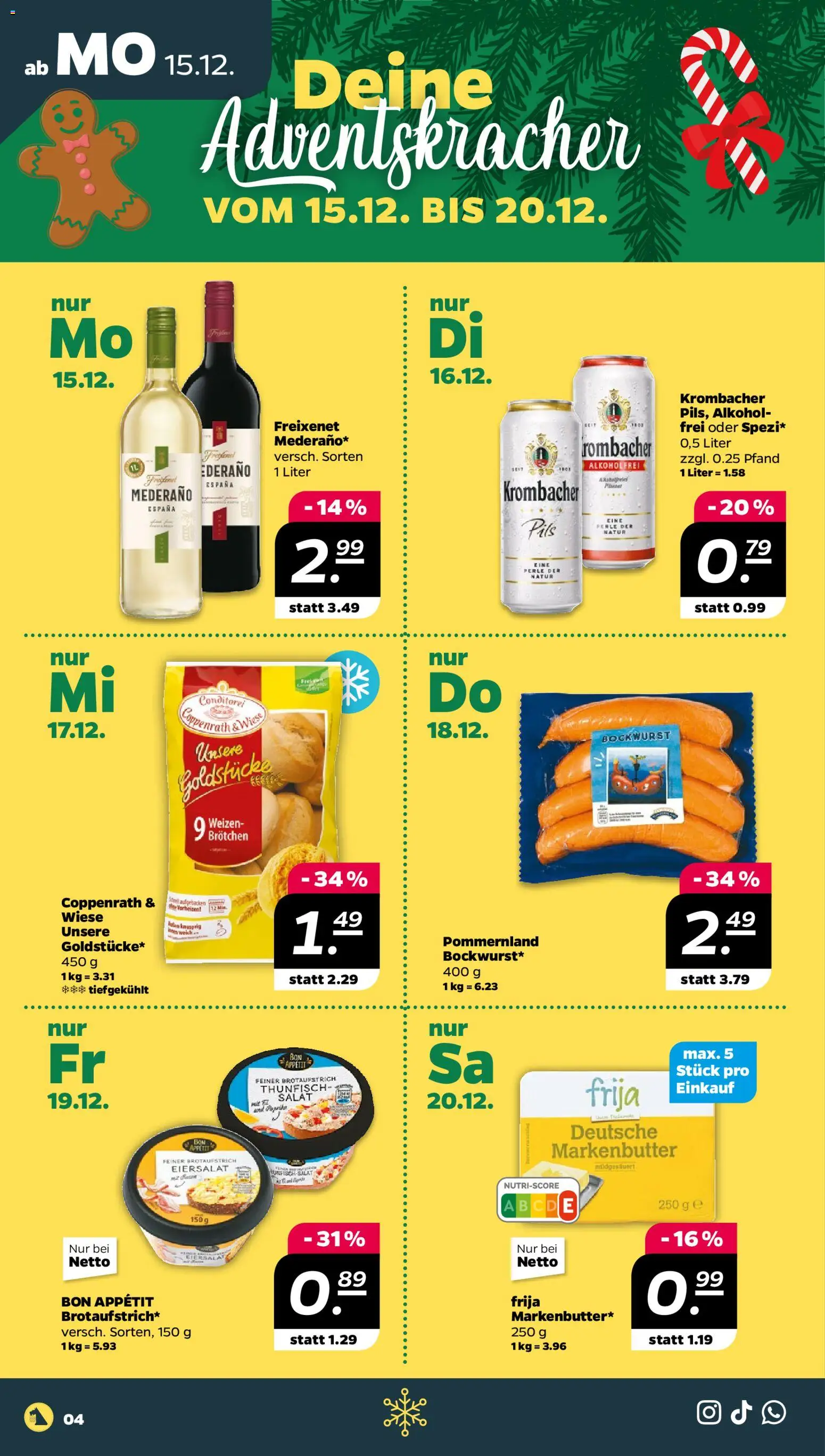 Netto Prospekt 	 – gültig ab 15.12.2025 | Seite: 4 | Produkte: Bockwurst, Freixenet, Krombacher, Salat
