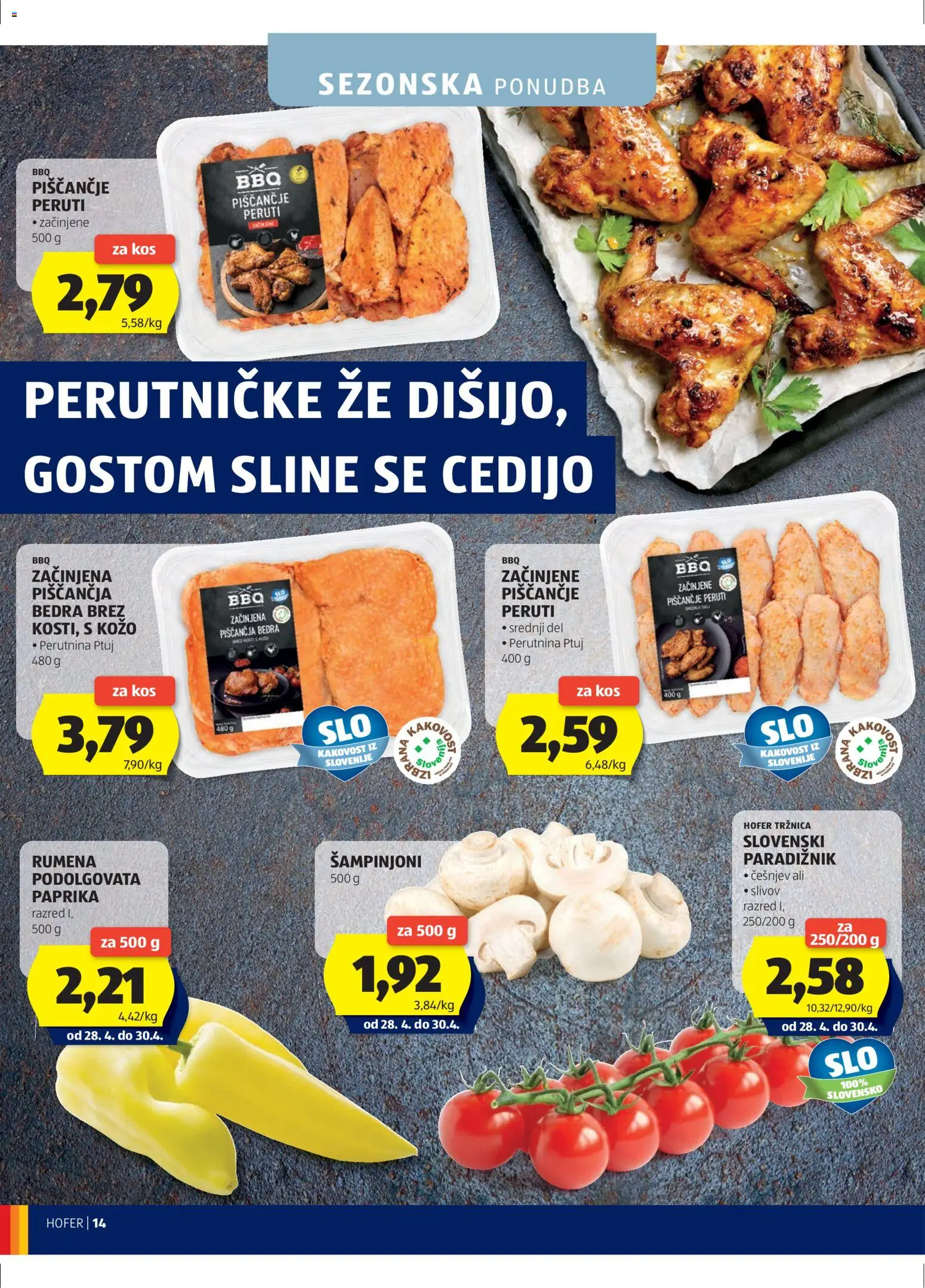 Hofer SI katalog | vrijedi od 22.04.2026 | Stranica: 14 | Proizvodi: Paprika, Šampinjoni, Perutnina Ptuj