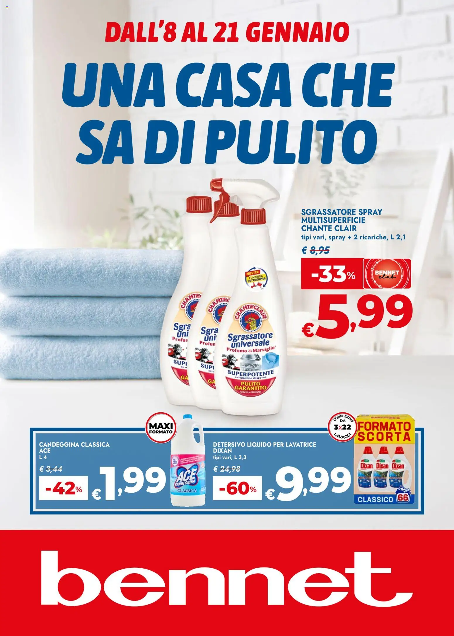 Volantino bennet del 08.01.2026 | Pagina: 1 | Prodotti: Candeggina, Sgrassatore, Lavatrice, Profumo