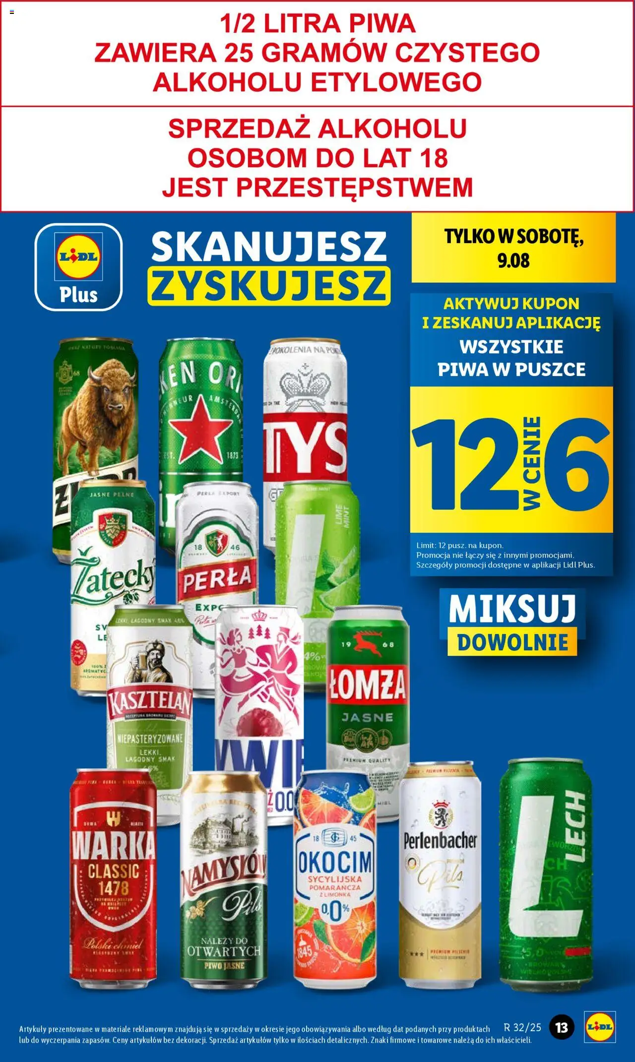 Lidl Gazetka od 07.08.2025 | Strona: 13 | Produkty: Limonka, Warka, Tyskie, Piwo