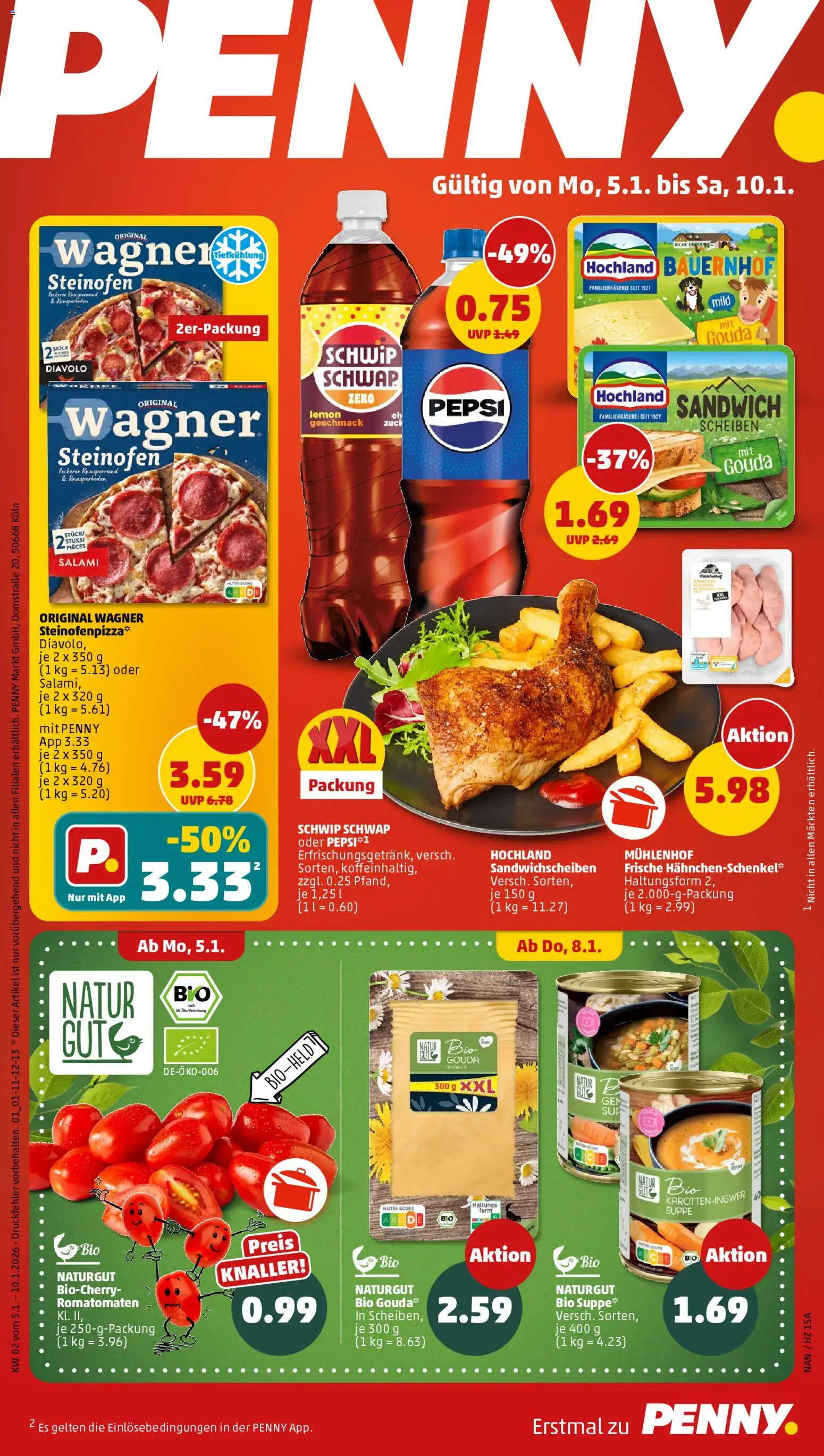 Penny Prospekt 	 – gültig ab 05.01.2026 | Seite: 1 | Produkte: Hahnchenschenkel, Gouda, Schwip schwap, Salami