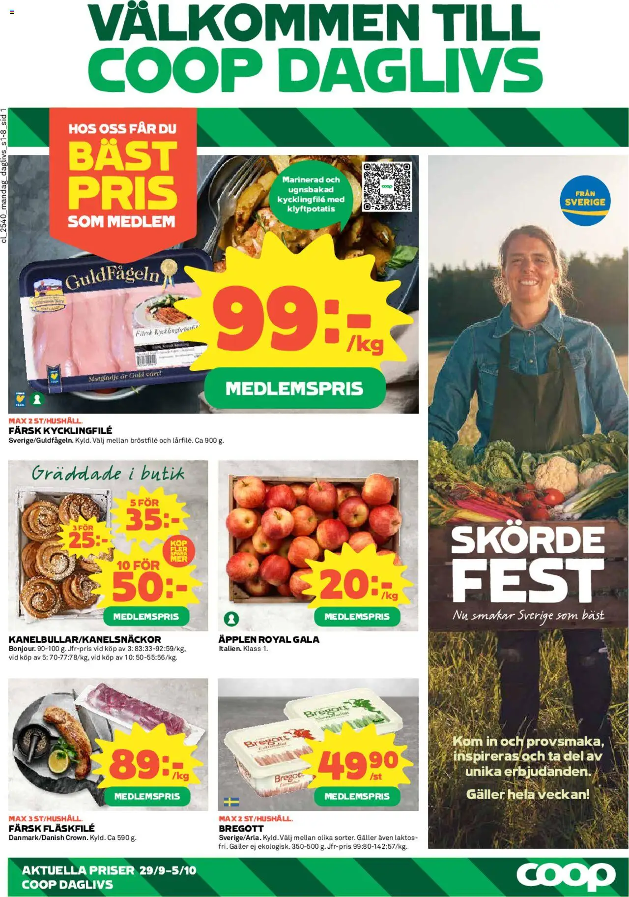 Coop Daglivs reklamblad aktuell från 29.09.2025 | Sida: 1 | Produkter: Kycklingfile, Galler, Bregott, Äpplen