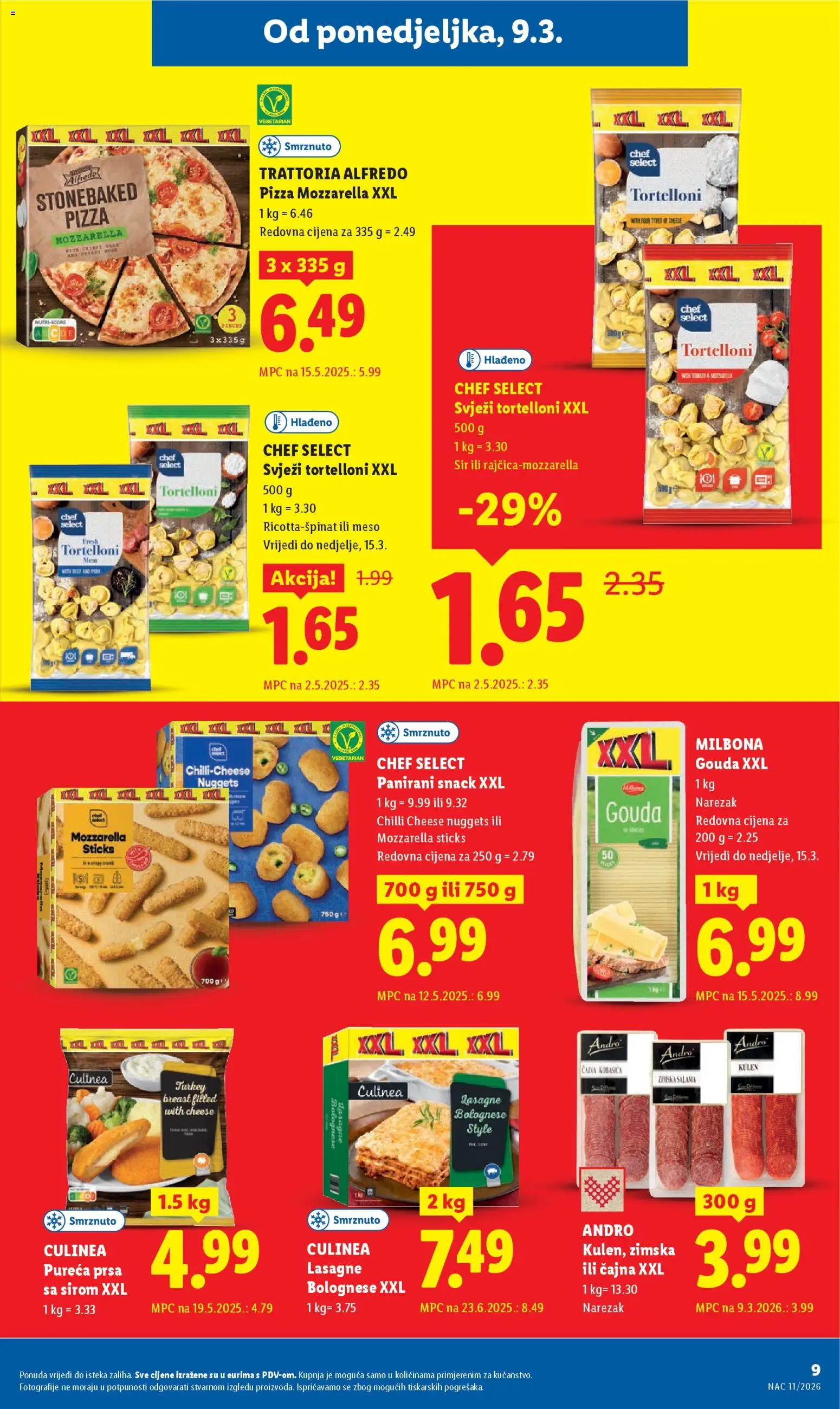 Lidl katalog | vrijedi od 09.03.2026 | Stranica: 9 | Proizvodi: Lasagne, Pizza, Kulen, Gouda