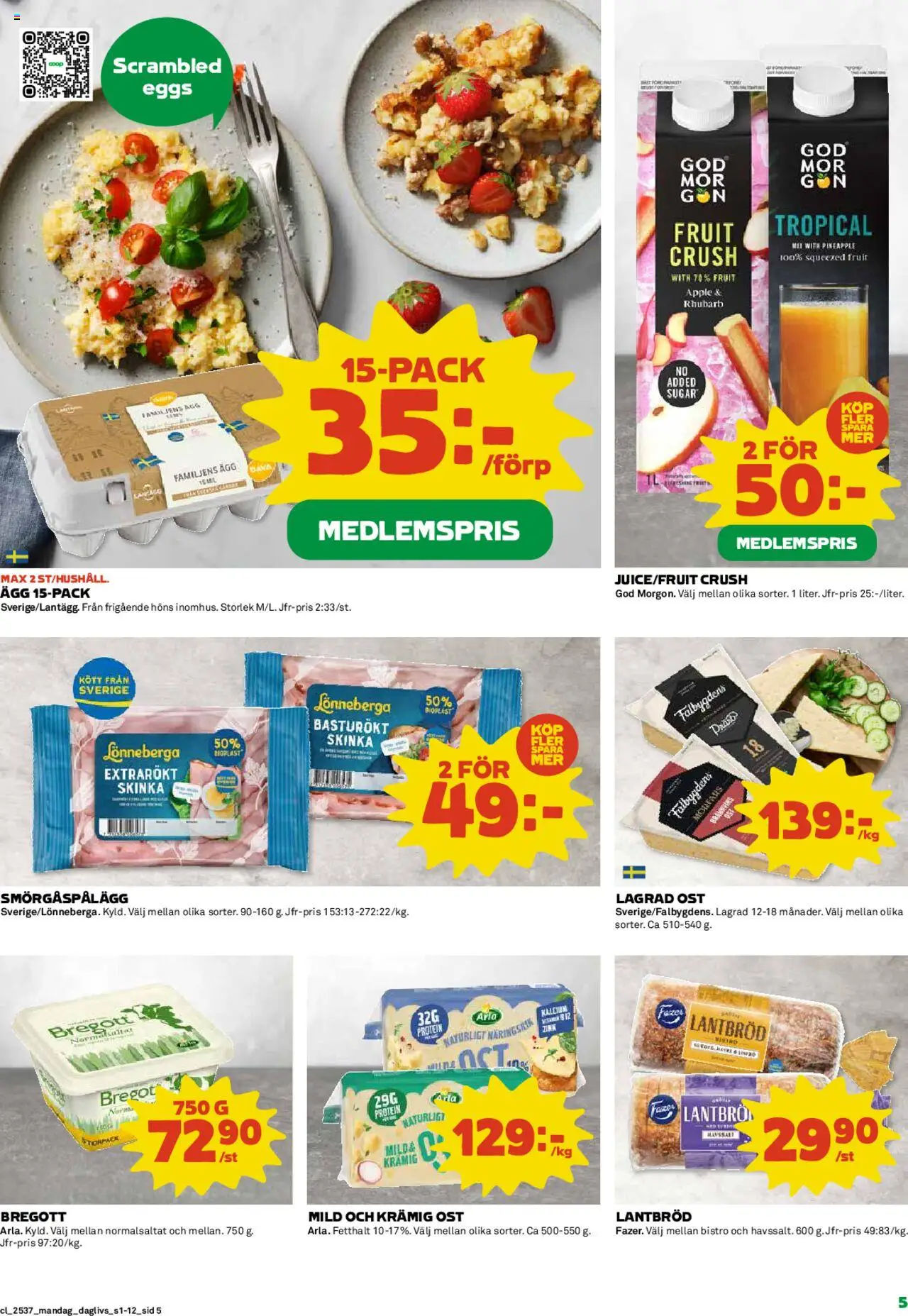 Coop Daglivs reklamblad aktuell från 08.09.2025 | Sida: 5 | Produkter: Bregott, Ägg, Lantbröd, Skinka