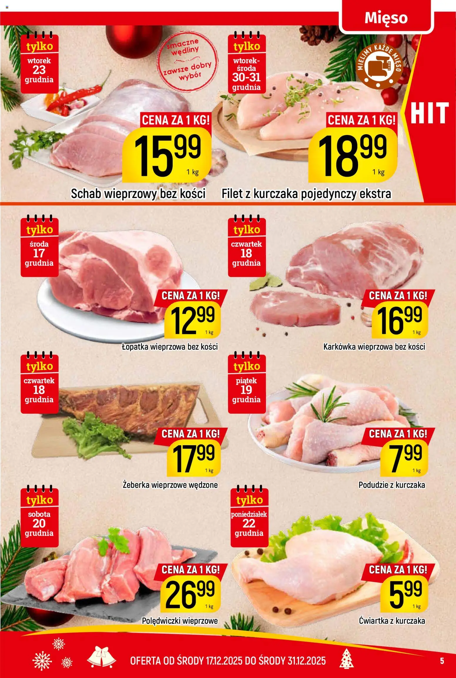 Piotruś Pan Gazetka od 17.12.2025 | Strona: 5 | Produkty: Karkówka, Schab, Karkówka wieprzowa, Wędliny