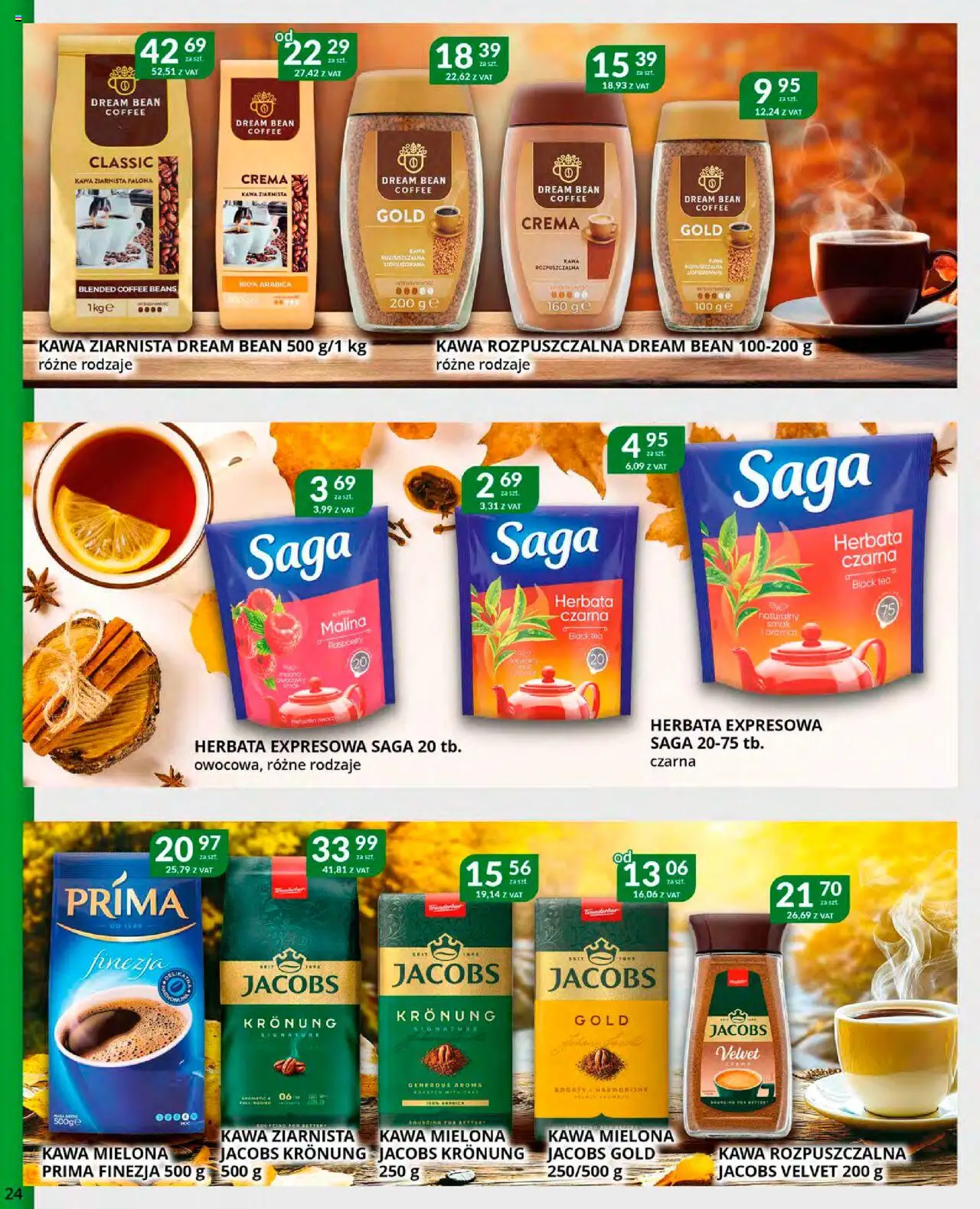 Eurocash Gazetka od 20.10.2025 | Strona: 24 | Produkty: Kawa ziarnista, Kawa rozpuszczalna, Kawa, Herbata