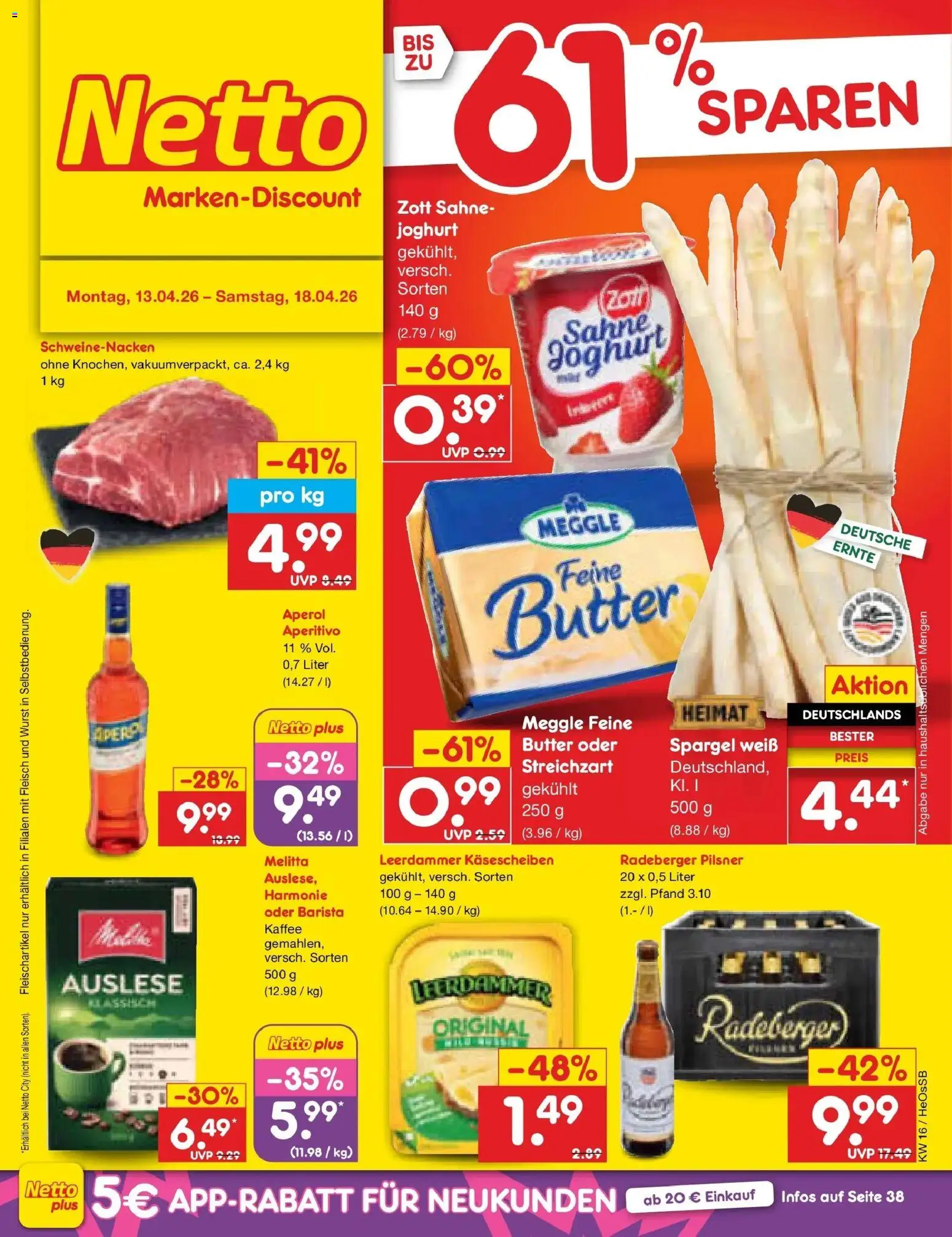 Netto Marken-Discount Prospekt Kröpelin	 – gültig ab 13.04.2026 | Seite: 1 | Produkte: Melitta, Joghurt, Leerdammer, Aperol