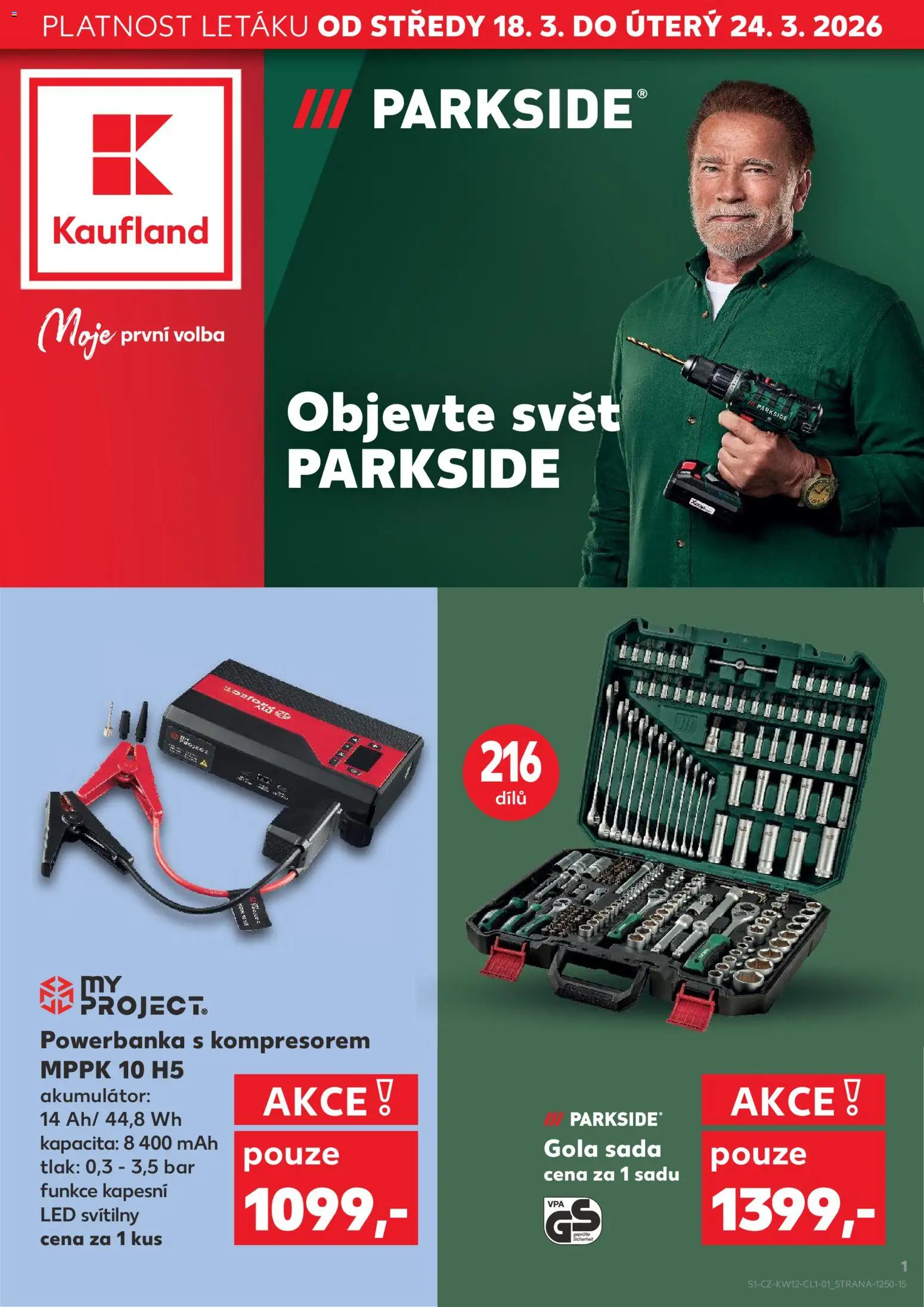 Kaufland leták - Praha 8 od 18.03.2026 | Strana: 1 | Produkty: Parkside, Powerbanka, Gola sada, LED