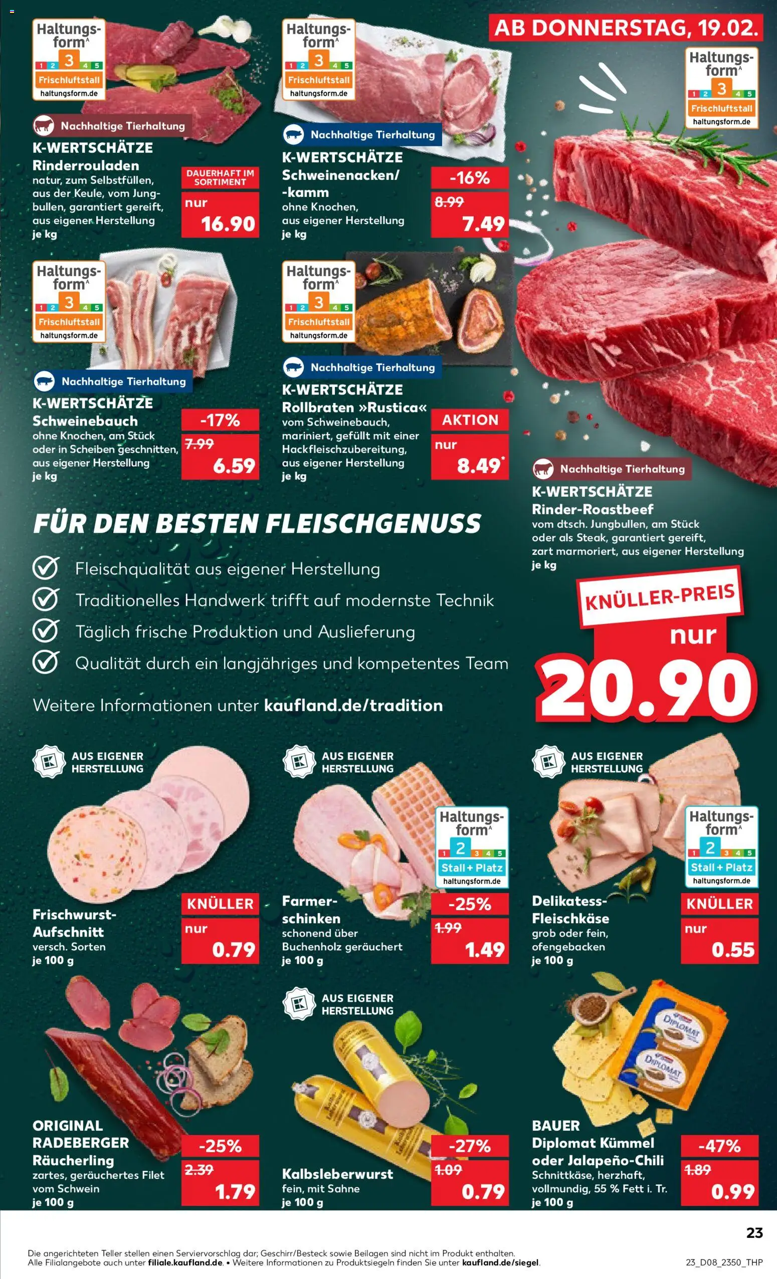 Kaufland prospekt Völklingen	 – gültig ab 19.02.2026 | Seite: 23 | Produkte: Rinderrouladen, Schweinebauch, Schinken, Sahne