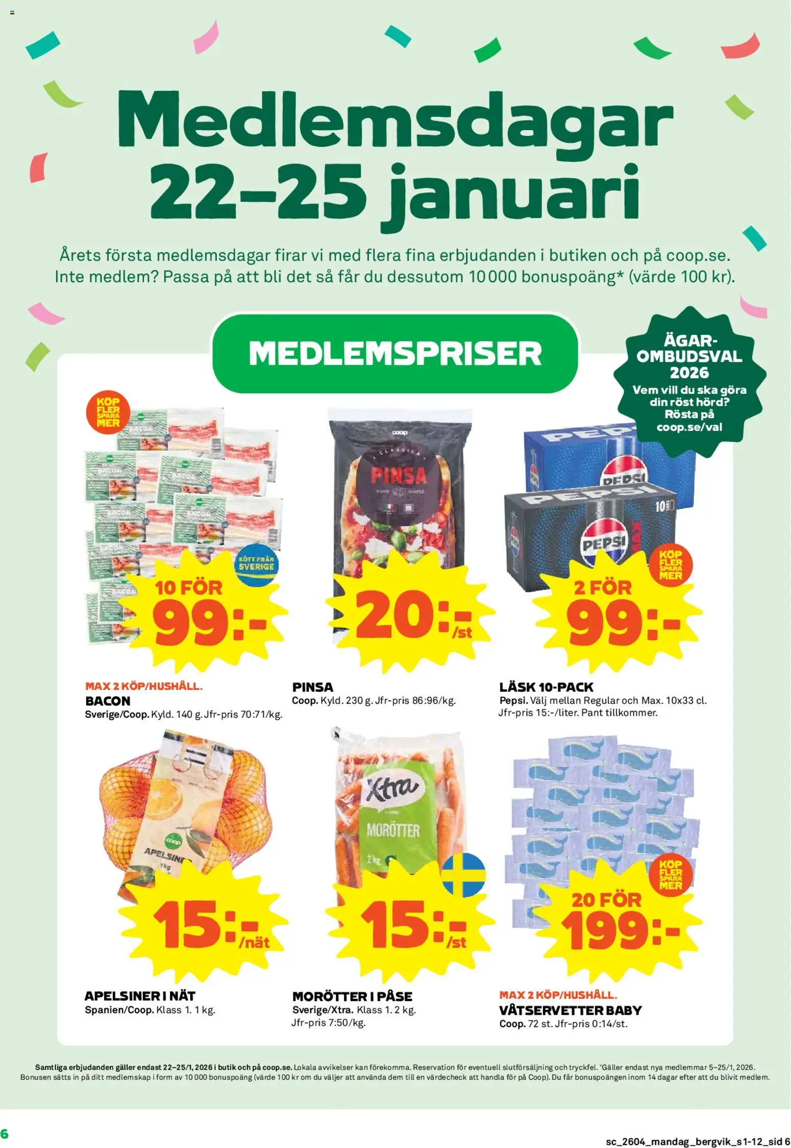 Stora Coop reklamblad aktuell från 19.01.2026 | Sida: 6 | Produkter: Bacon, Galler, Pepsi, Apelsiner