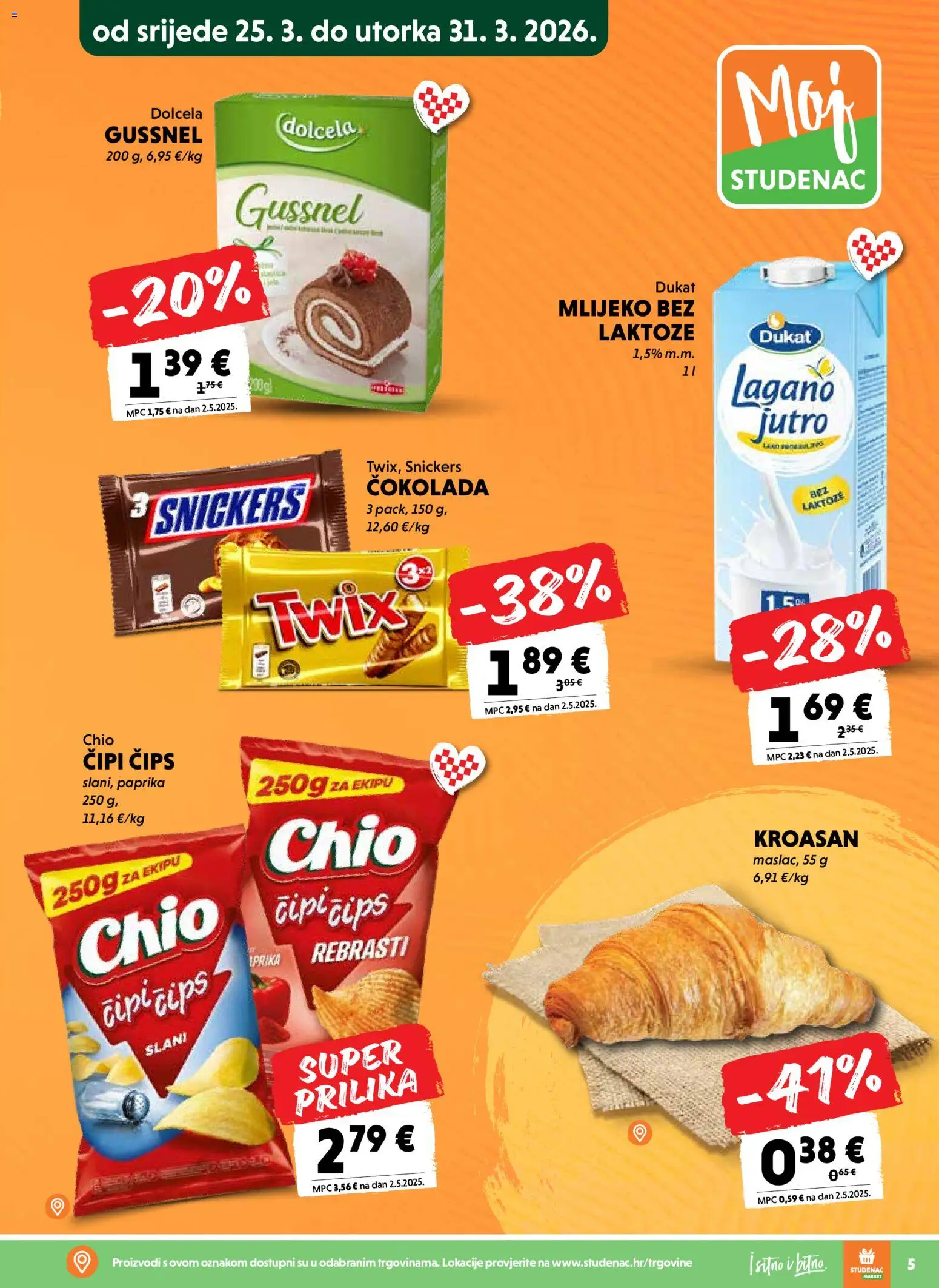 Studenac katalog | vrijedi od 25.03.2026 | Stranica: 5 | Proizvodi: Mlijeko, Čokolada, Čips, Kroasan