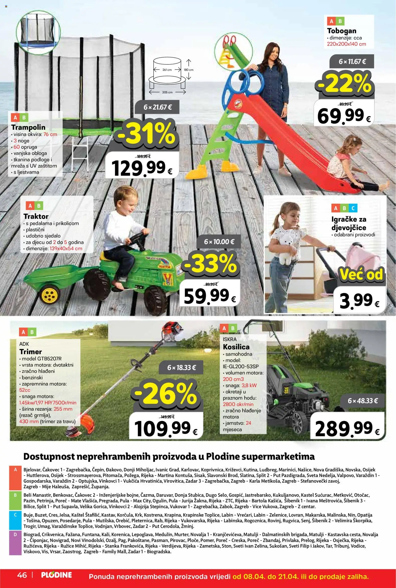 Plodine katalog | vrijedi od 08.04.2026 | Stranica: 46 | Proizvodi: Trampolin, Kosilica, Trimer, Traktor