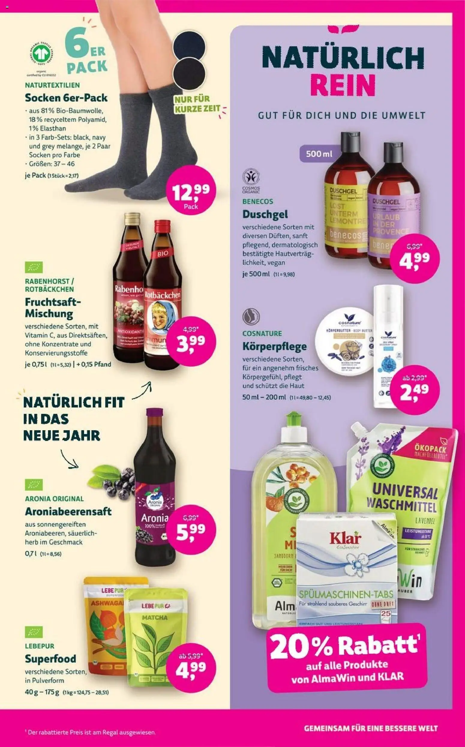 Denns BioMarkt Angebote – gültig ab 14.01.2026 | Seite: 13 | Produkte: Regal, Duschgel, Socken, Fruchtsaft