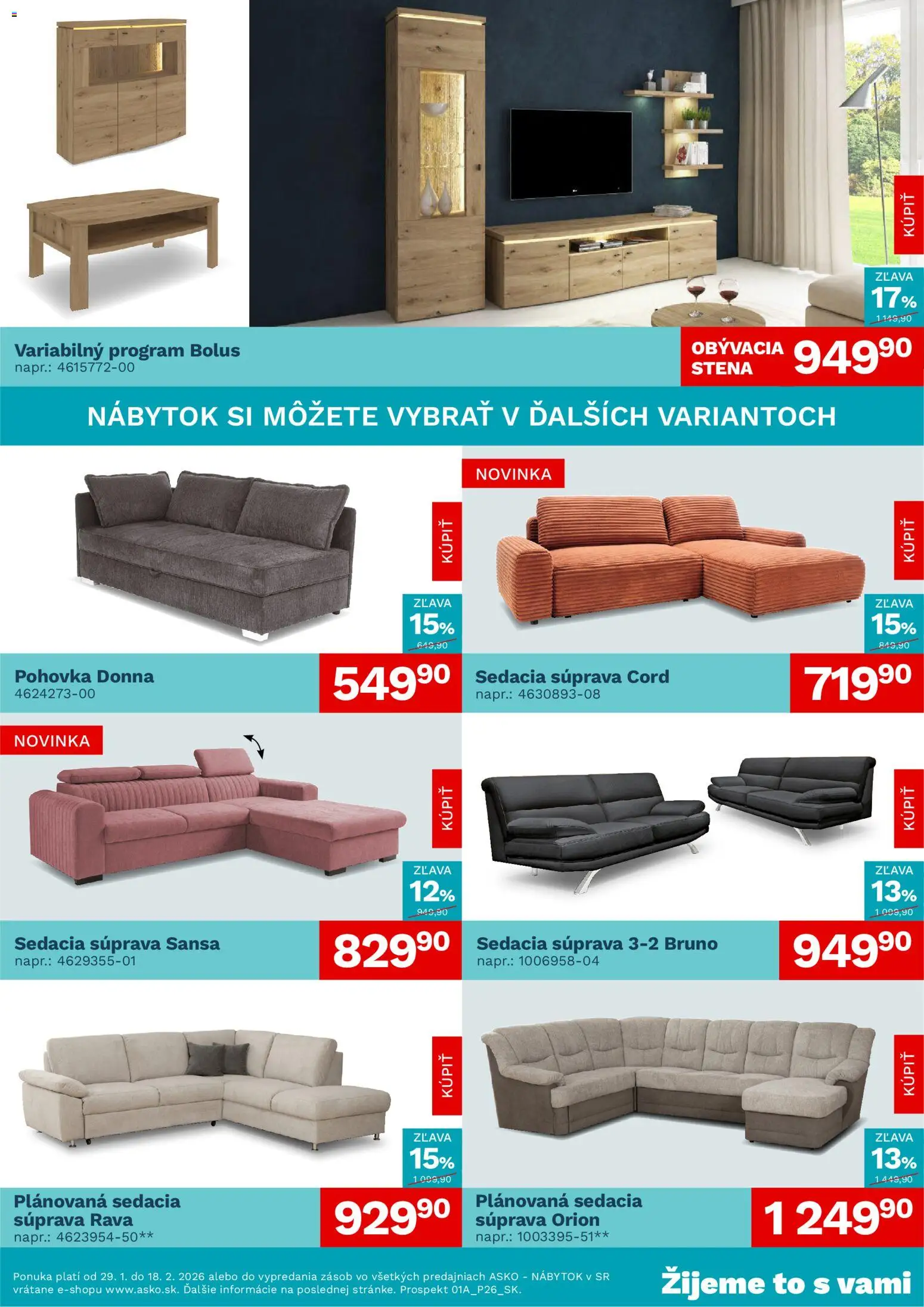 Nové ASKO nábytok akcie – leták je platný od 29.01.2026 | Strana: 2 | Produkty: Nábytok, Sedacia súprava, Pohovka