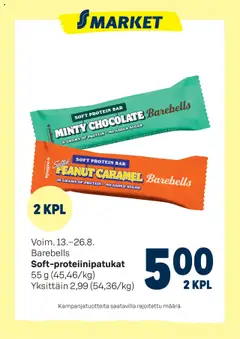Katso S-market tarjoukset Barebells voimassa alkaen 13.08.2025