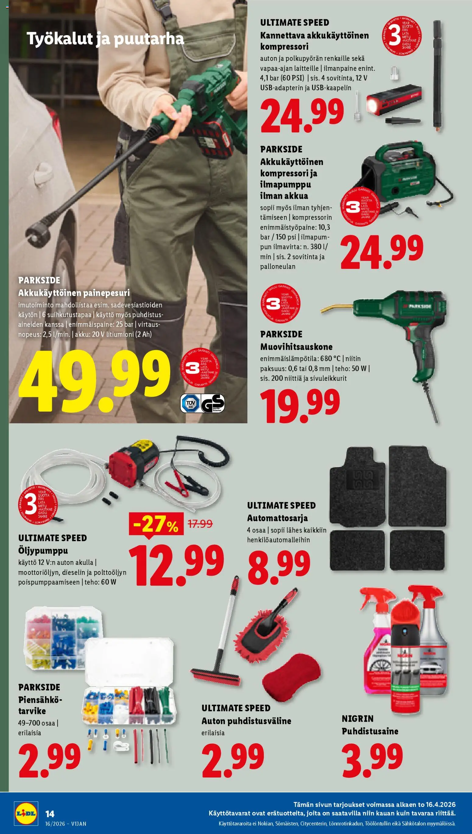 Lidl tarjoukset - Tampere – voimassa 16.04.2026 alkaen | Sivu: 18 | Tuotteet: Painepesuri, Akku, Kompressori, Puhdistusaine