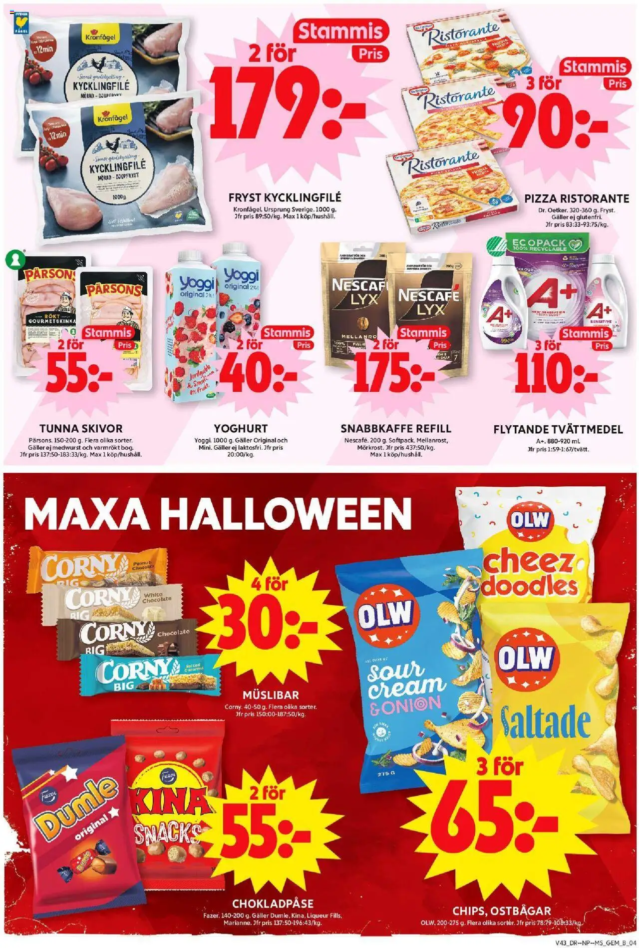 ICA Maxi reklamblad aktuell från 20.10.2025 | Sida: 4 | Produkter: Tvättmedel, Chips, Pizza, Yoggi