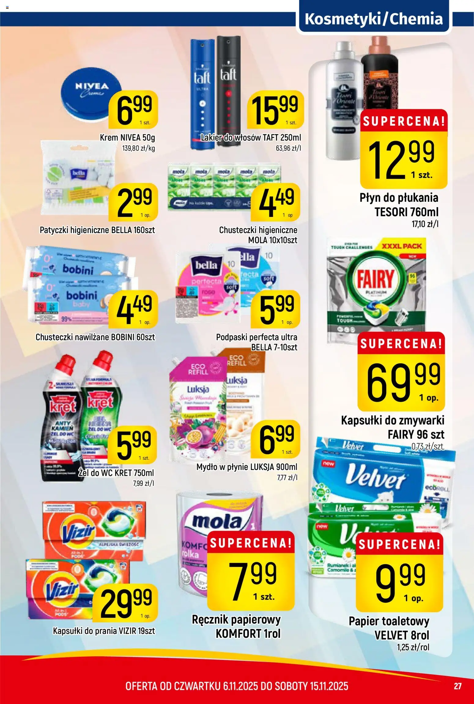 Piotruś Pan Gazetka od 06.11.2025 | Strona: 27 | Produkty: Lakier do włosów, Fairy, Krem, Kapsułki do zmywarki