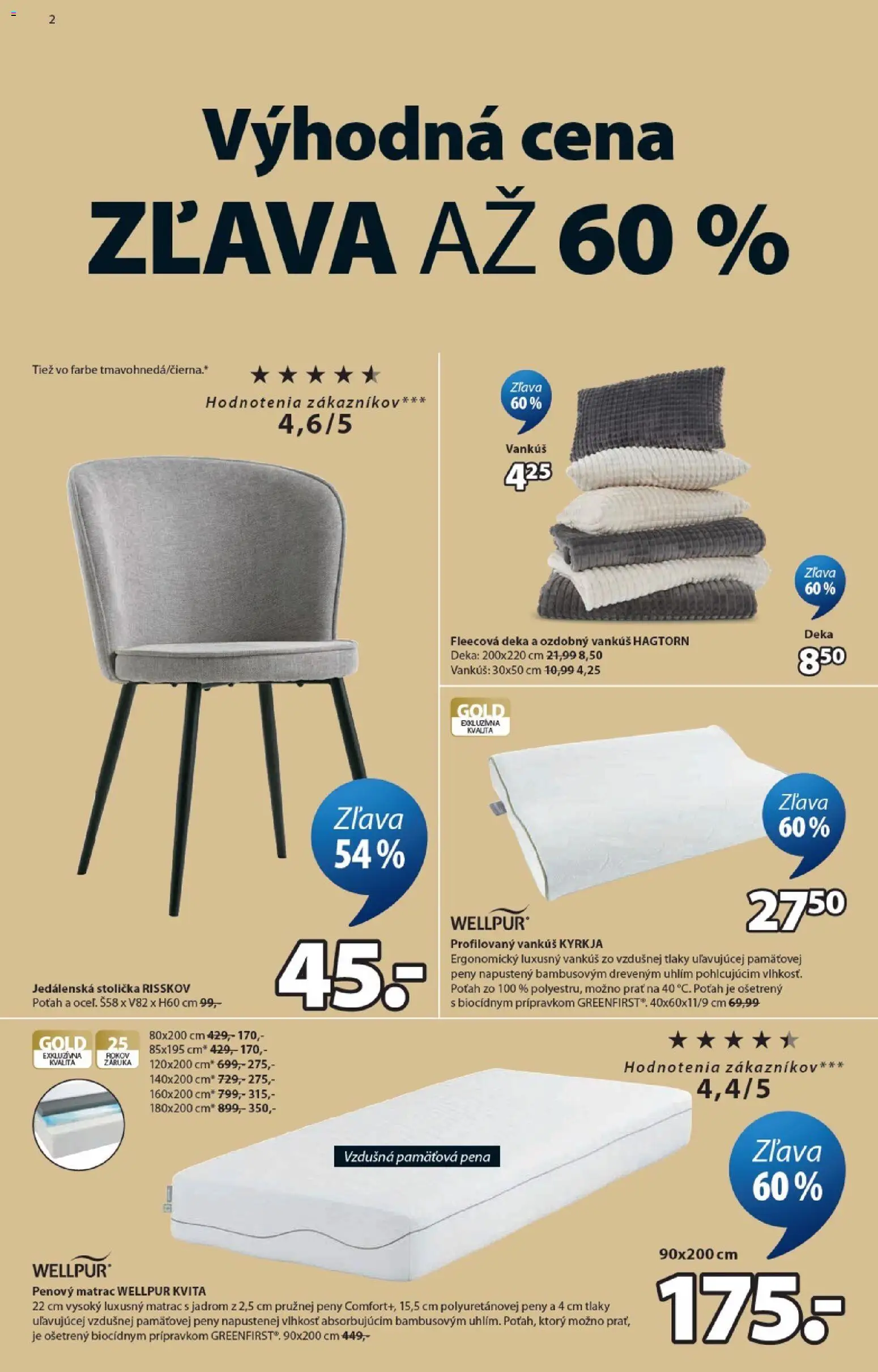 Nové JYSK akcie – leták je platný od 15.04.2026 | Strana: 2 | Produkty: Matrac, Jedálenská stolička, Vankúš, Stolička