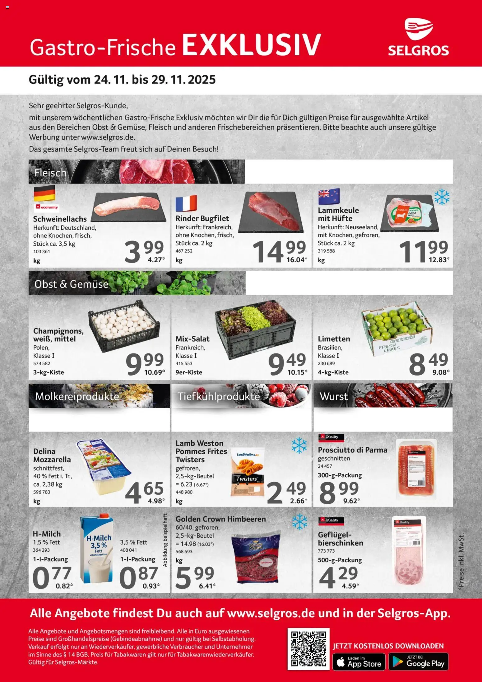 Selgros Gastro Angebote – gültig ab 24.11.2025 | Seite: 1 | Produkte: Lammkeule, Limetten, Gemüse, Obst