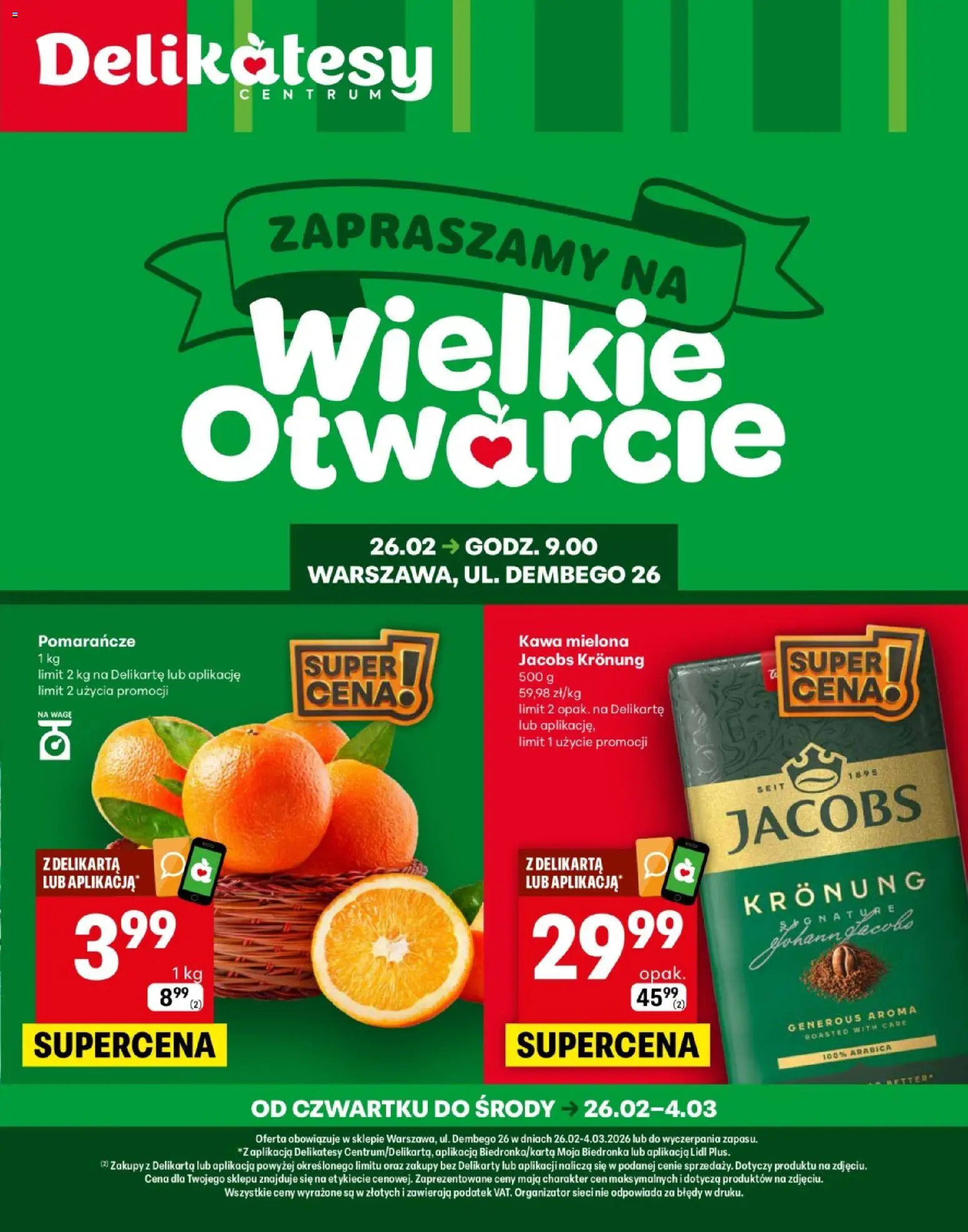 Delikatesy Centrum Gazetka - Warszawa Otwarcie od 26.02.2026 | Strona: 1 | Produkty: Delikatesy, Kawa, Pomarańcze