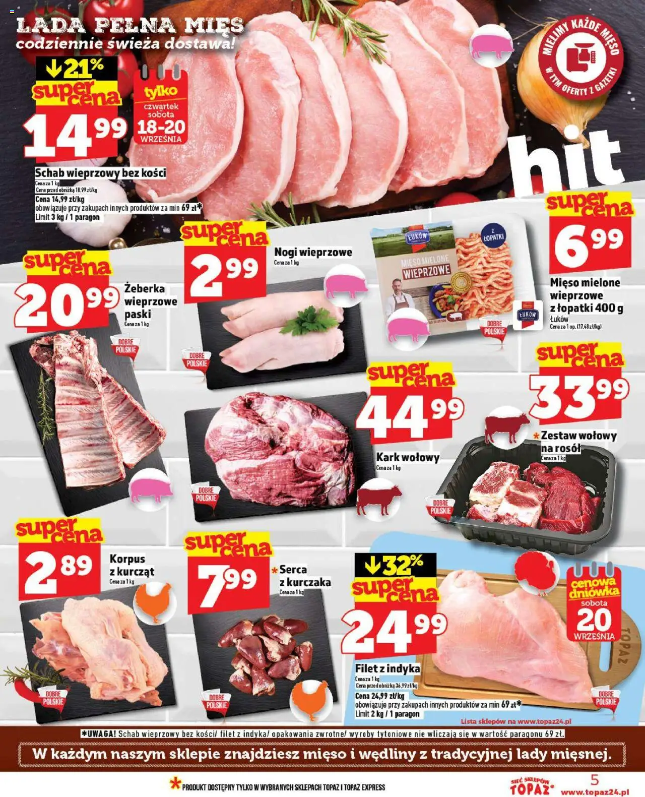 Topaz Gazetka - Ceny małe na stałe od 18.09.2025 | Strona: 5 | Produkty: Schab, Mięso, Schab wieprzowy, Schab wieprzowy bez kości