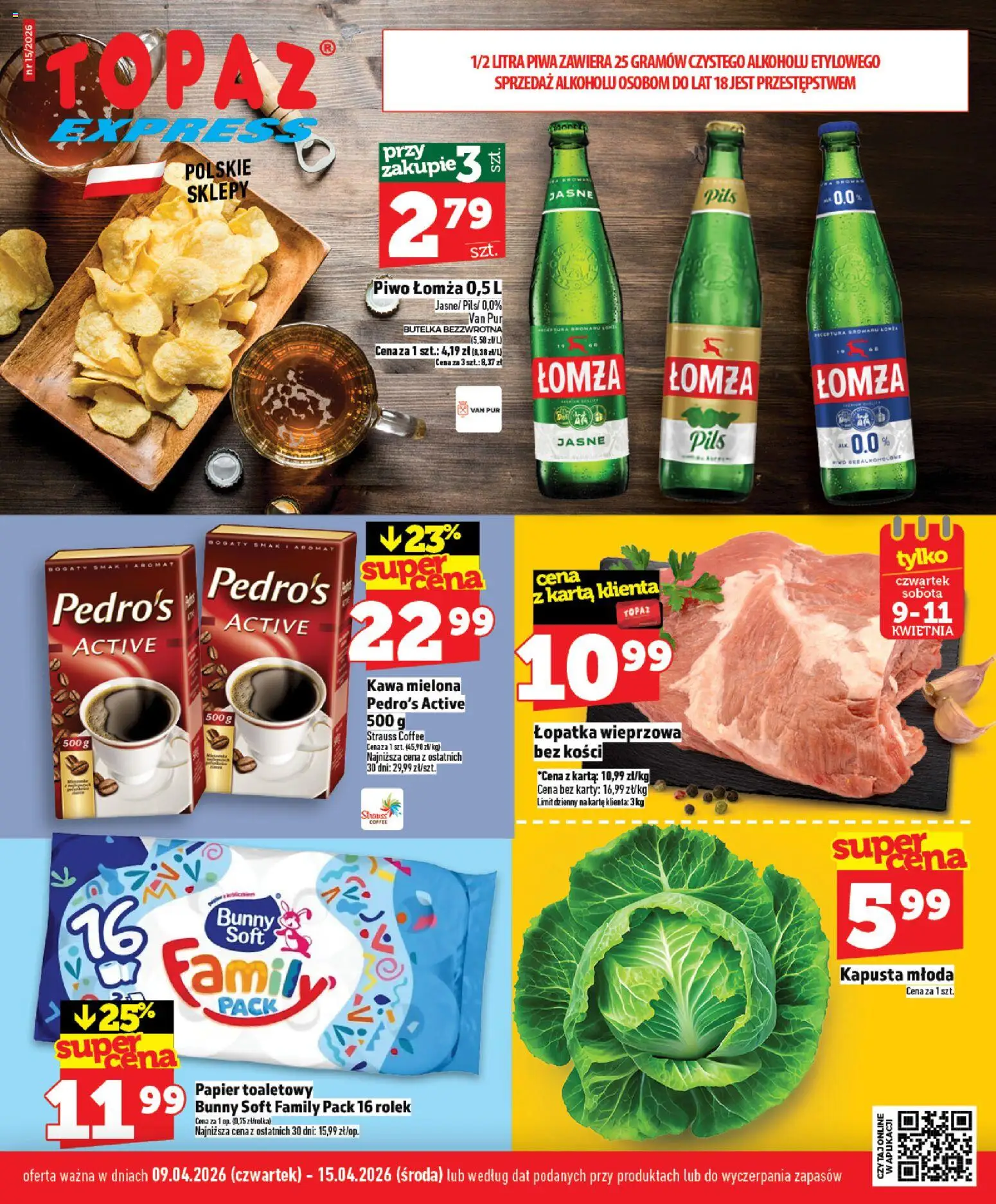 Topaz gazetka - Express od 09.04.2026 | Strona: 1 | Produkty: Kapusta, Papier toaletowy, Łopatka wieprzowa, Piwo