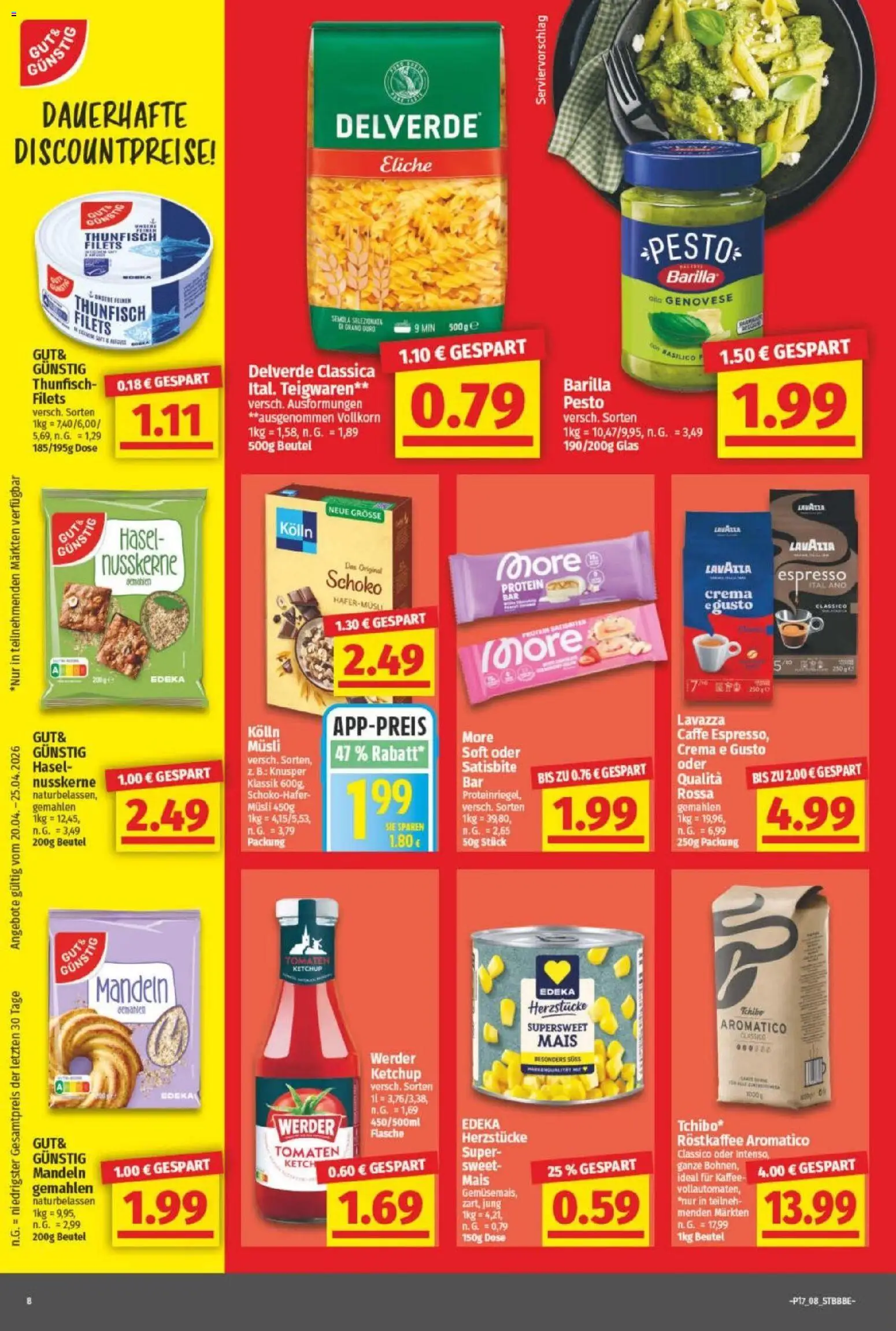 NP Discount Prospekt – gültig ab 20.04.2026 | Seite: 8 | Produkte: Musli, Kolln musli, Barilla, Tomaten