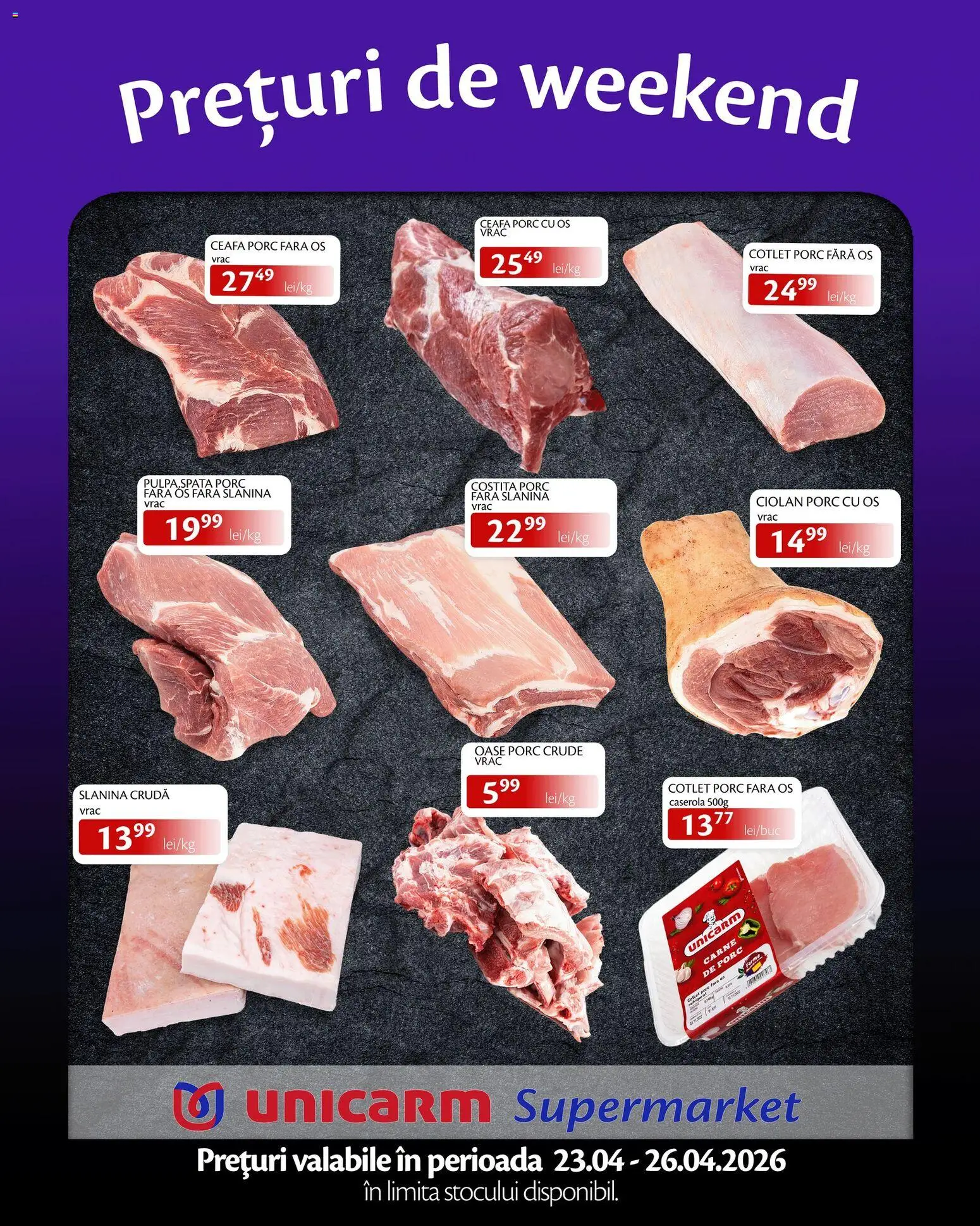 Noul catalog Unicarm – valabil de la 23.04.2026 | Pagină: 1 | Produse: Lait de coco, Cotlet porc, Carne De Porc