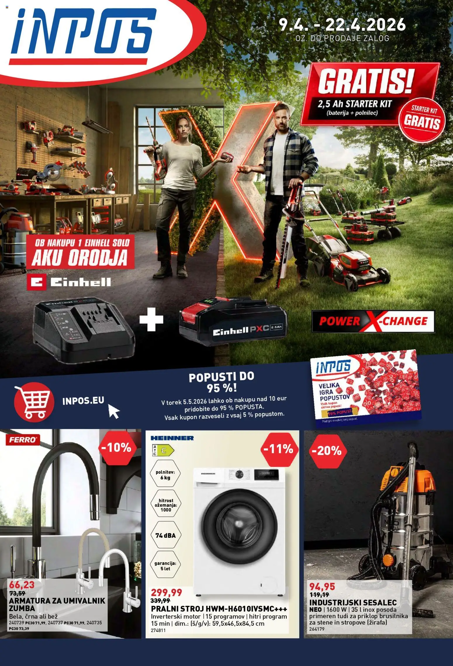 Novi Inpos katalog ponudbe – veljaven od 09.04.2026 | Stran: 1 | Izdelki: Baterija, Igra, Pralni stroj, Sesalec