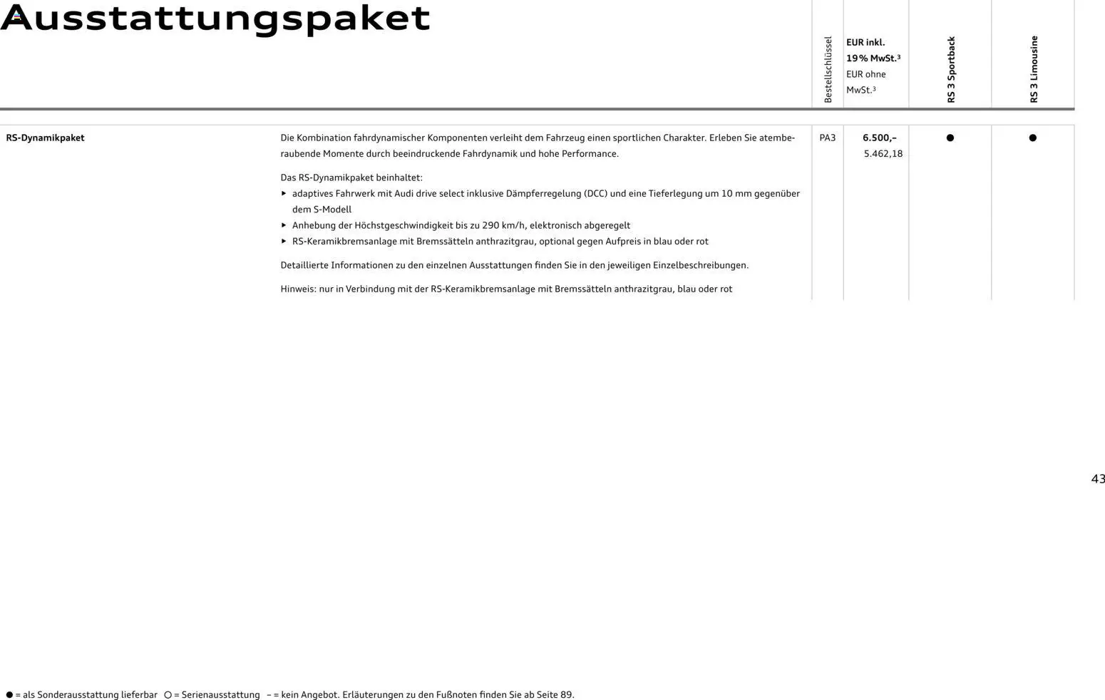 Audi RS 3 Sportback / RS 3 Limousine – gültig ab 25.10.2025 | Seite: 43