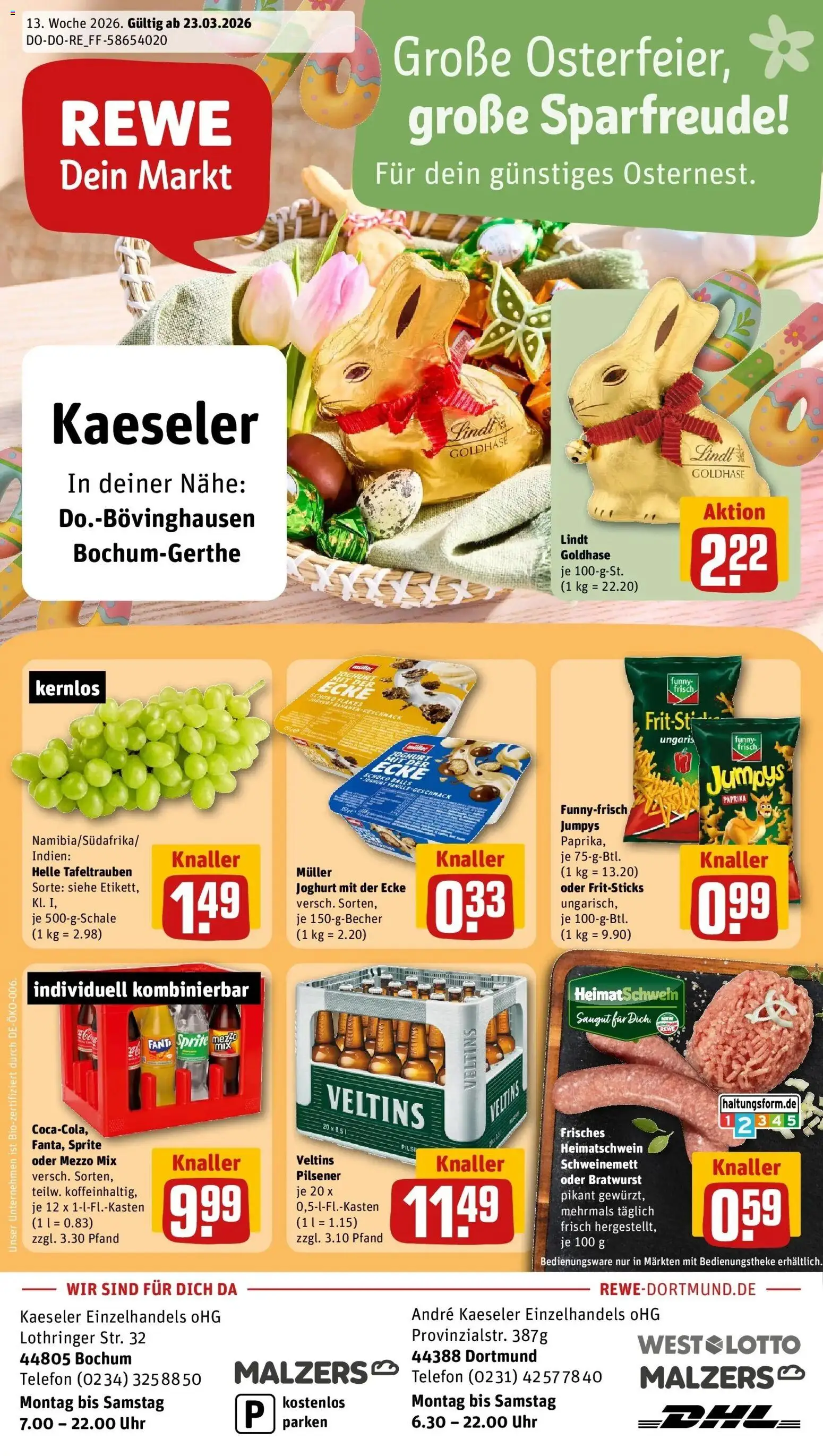 Rewe Prospekt Bochum	 – gültig ab 23.03.2026 | Seite: 1 | Produkte: Funny frisch, Oder mezzo mix, Telefon, Veltins