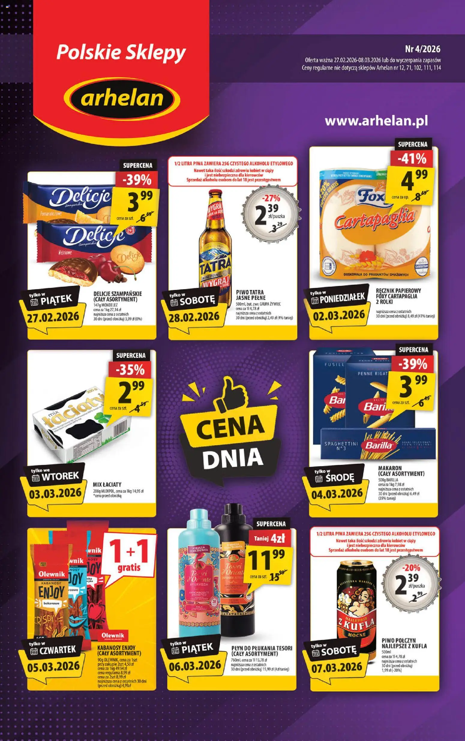Arhelan Gazetka od 27.02.2026 | Strona: 1 | Produkty: Rolki, Kabanosy, Piwo, Makaron