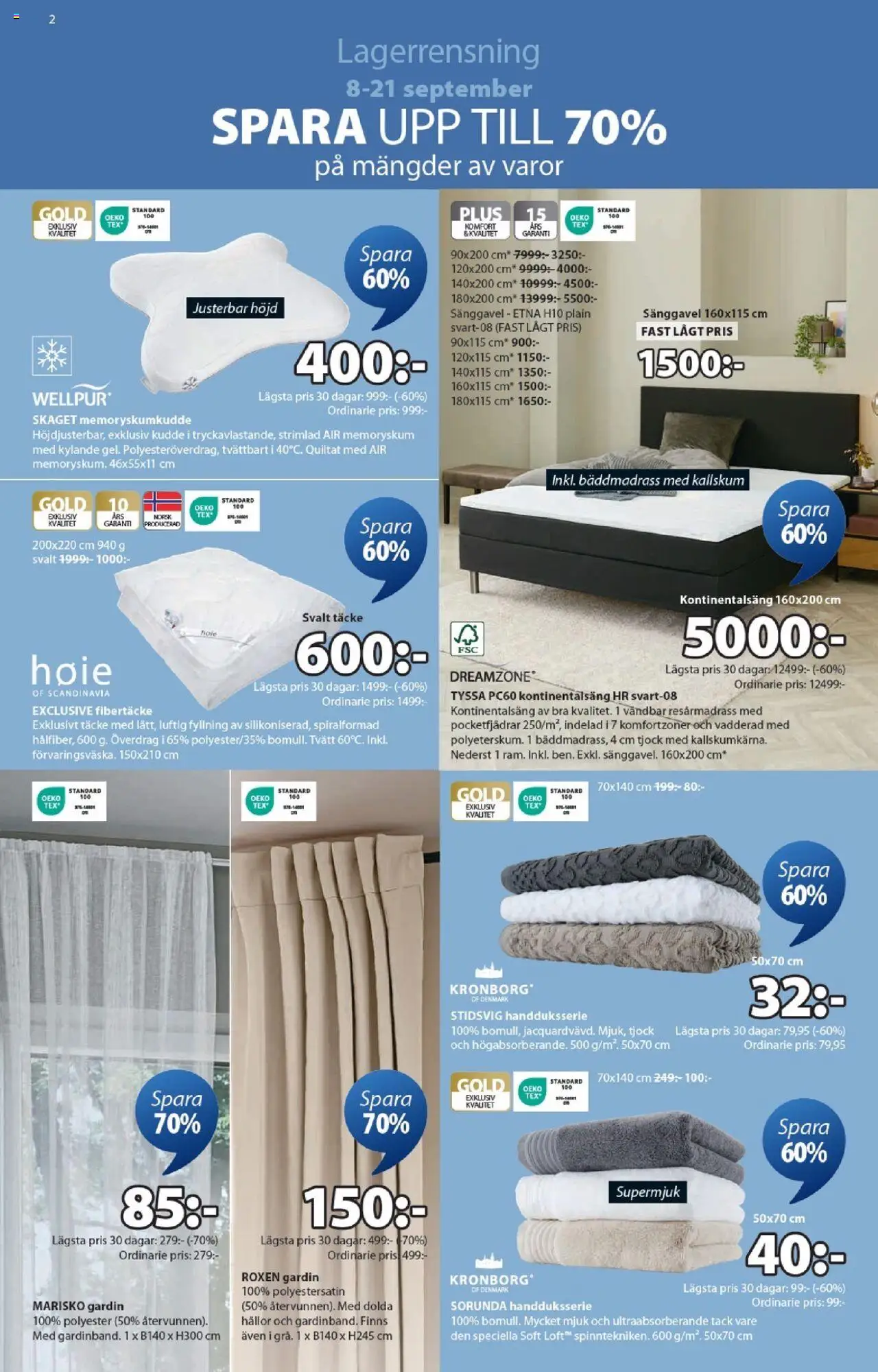 JYSK reklamblad aktuell från 08.09.2025 | Sida: 2 | Produkter: Bäddmadrass, Resårmadrass, Gardin, Sänggavel