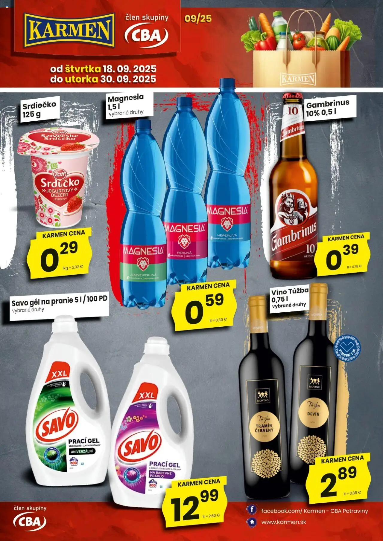 Nové KARMEN CBA akcie – leták je platný od 18.09.2025 | Strana: 1 | Produkty: Víno, Savo, Magnesia, Gambrinus