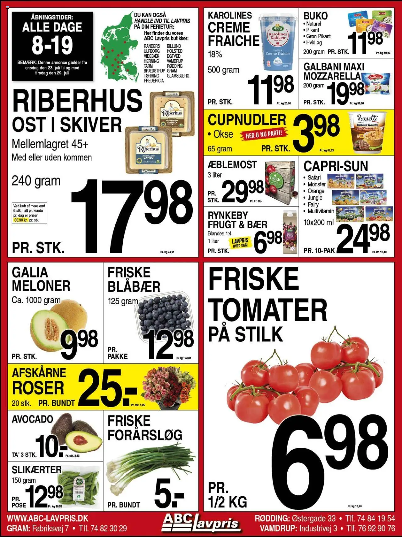 Abc Lavpris Tilbudsavis gyldig fra 23.07.2025 | Side: 1 | Produkter: Blåbær, Ost, Tomater, Forårsløg