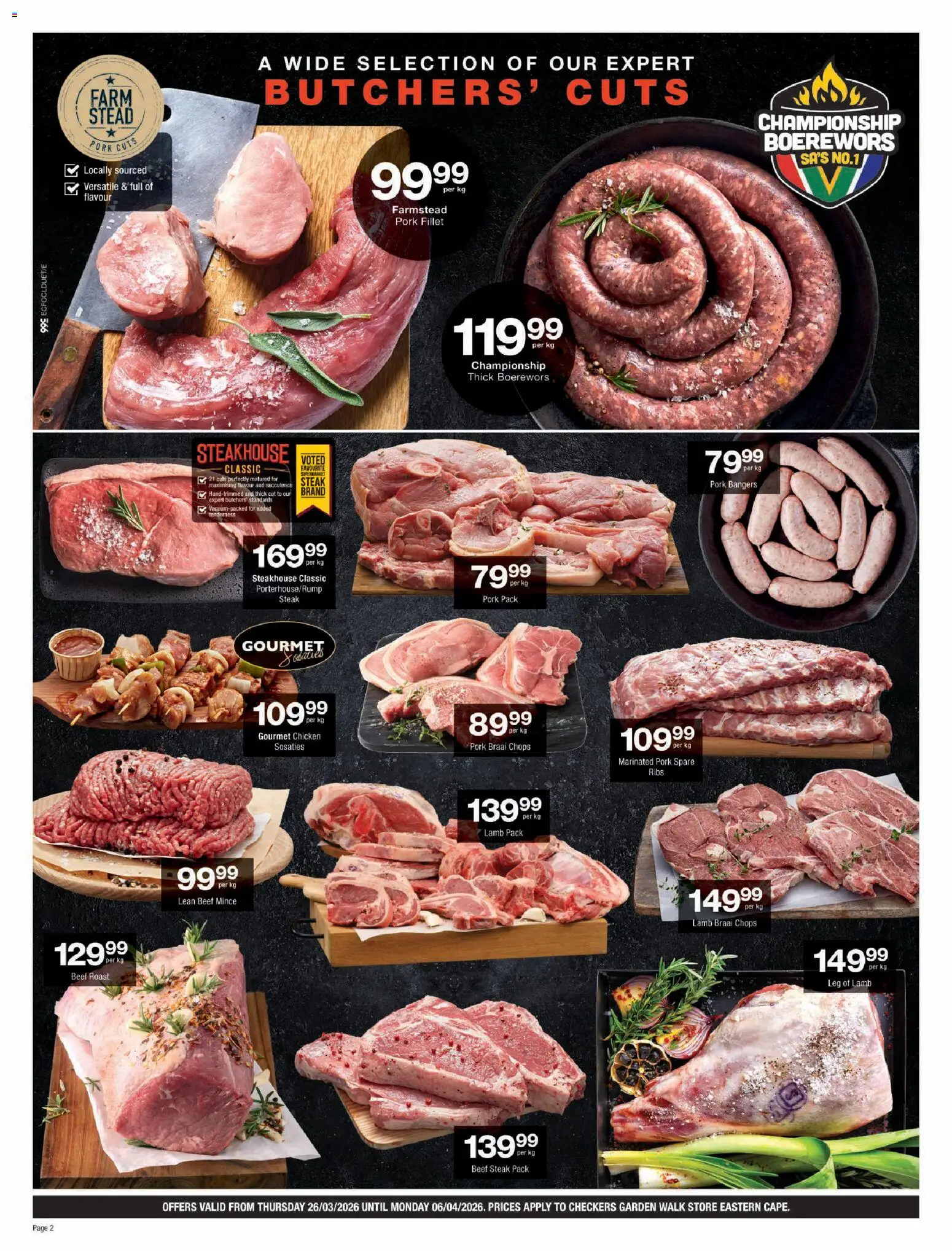 New Checkers catalogue – valid from 26.03.2026 | Page: 2 | Products: Steak, Boerewors, Pork, Beef