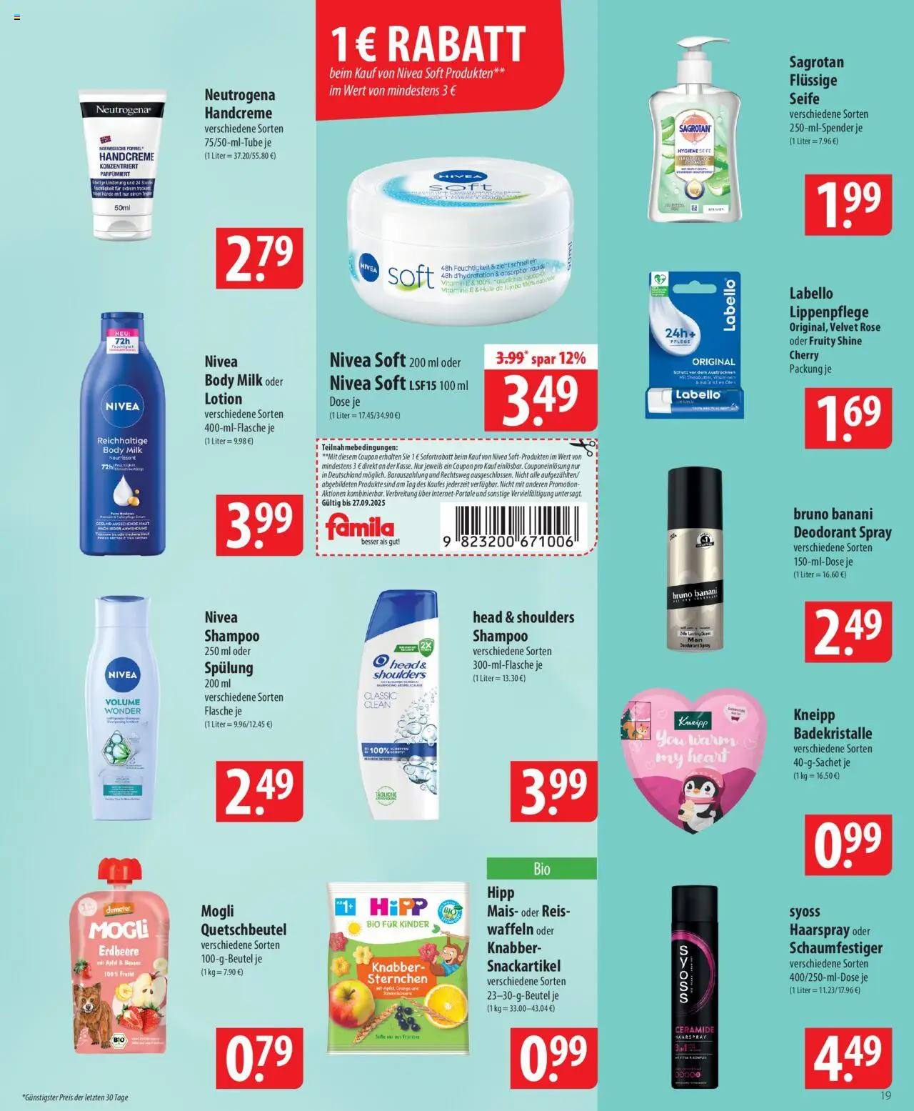 Famila Prospekt 	 – gültig ab 22.09.2025 | Seite: 19 | Produkte: Haarspray, Seife, Deodorant, Body Milk