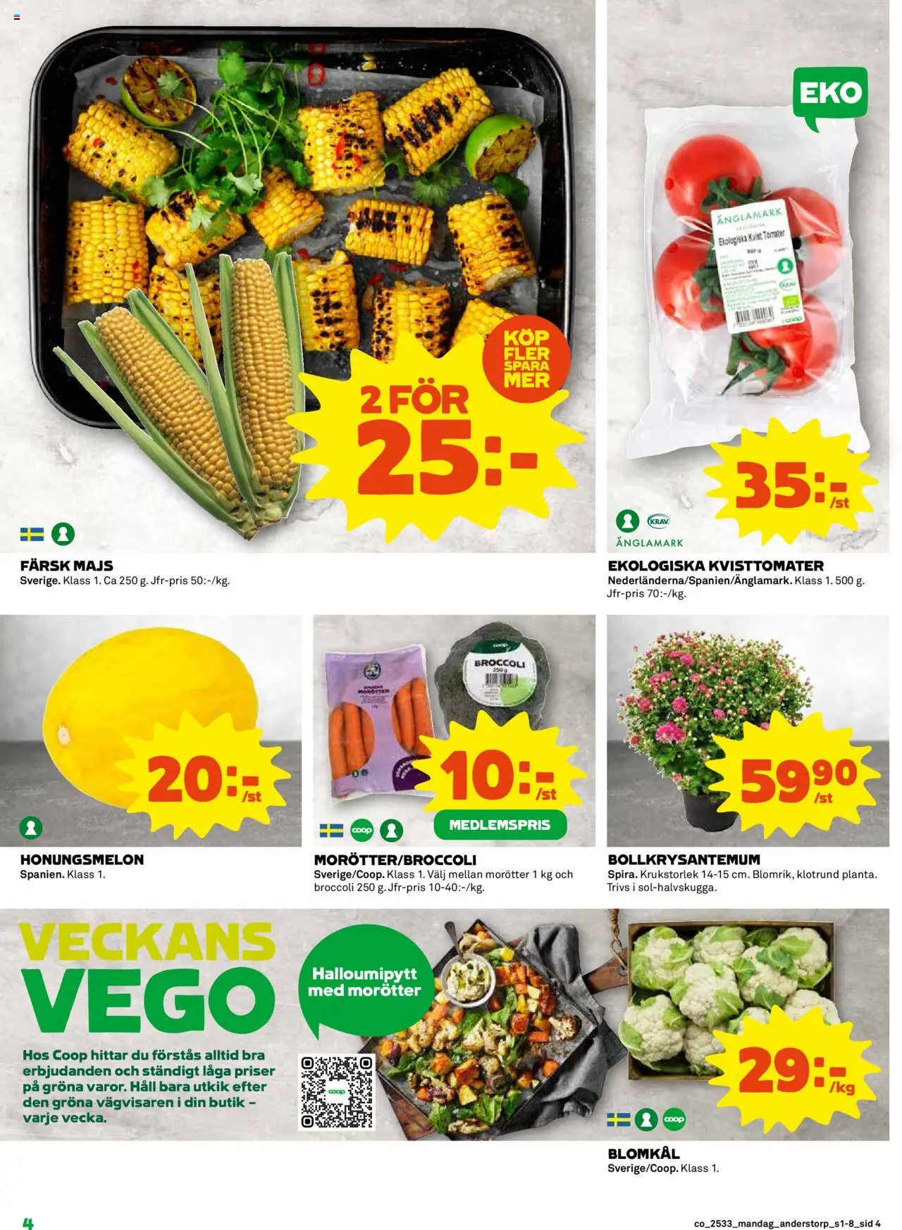 Coop reklamblad aktuell från 11.08.2025 | Sida: 4 | Produkter: Honungsmelon, Tomater, Blomkål, Broccoli