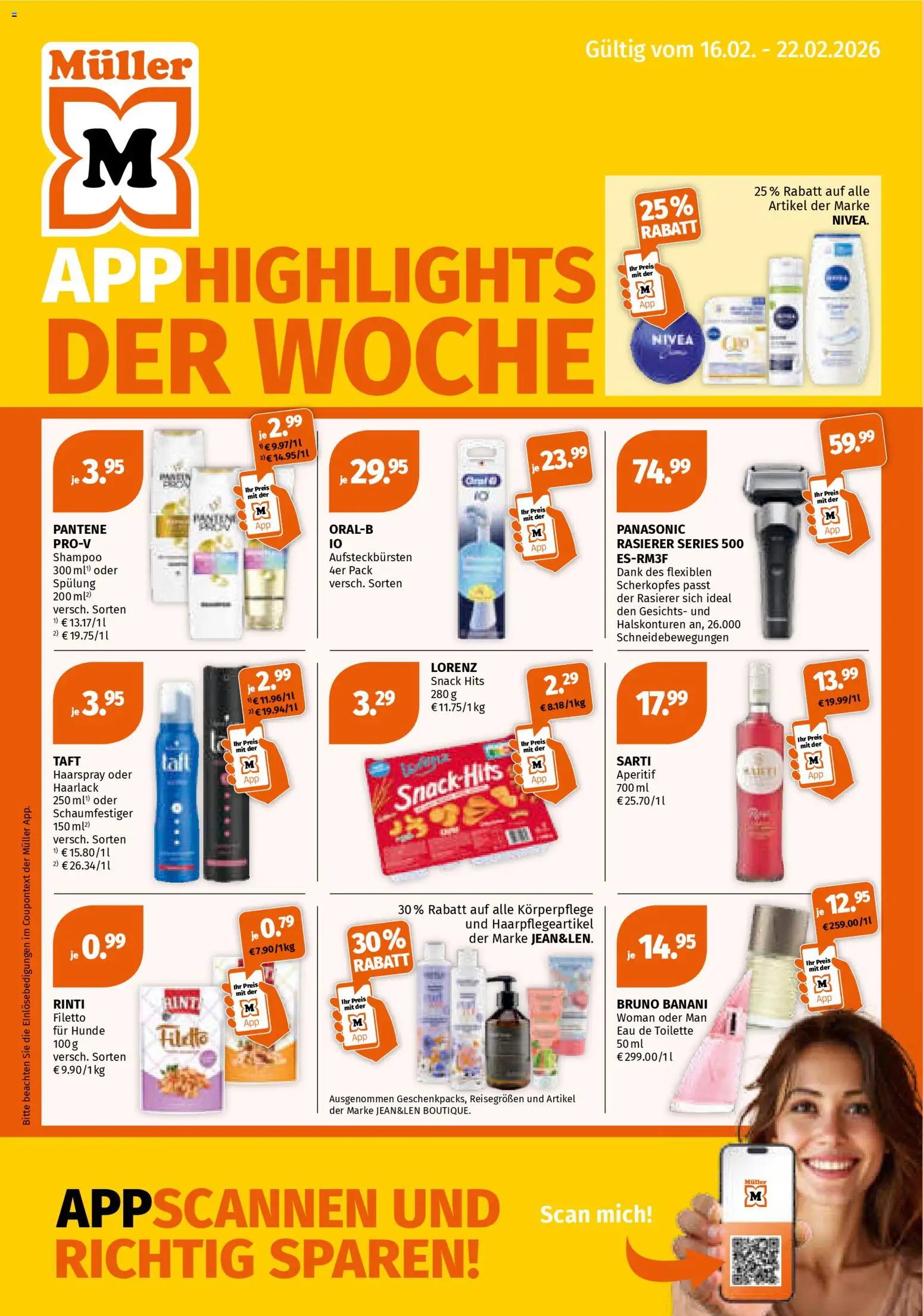 Müller Prospekt App Highlights der Woche	  – gültig ab 16.02.2026 | Seite: 1 | Produkte: Panasonic, Rasierer, Eau de Toilette, Shampoo