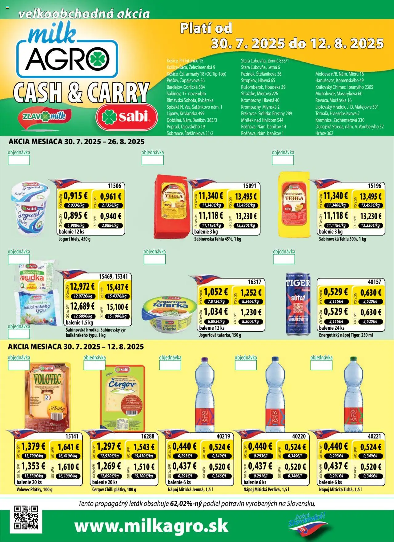 Milk Agro Cash & Carry │ platný od 30.07.2025 | Strana: 1 | Produkty: Syr, Jogurt, Mitická, Energetický nápoj