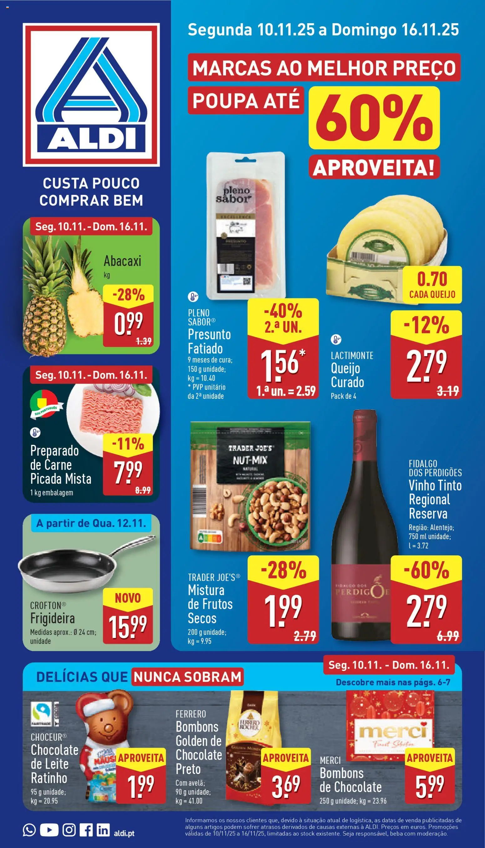 Aldi folheto │ válido de 10.11.2025 | Página: 1 | Produtos: Frigideira, Leite, Carne, Abacaxi