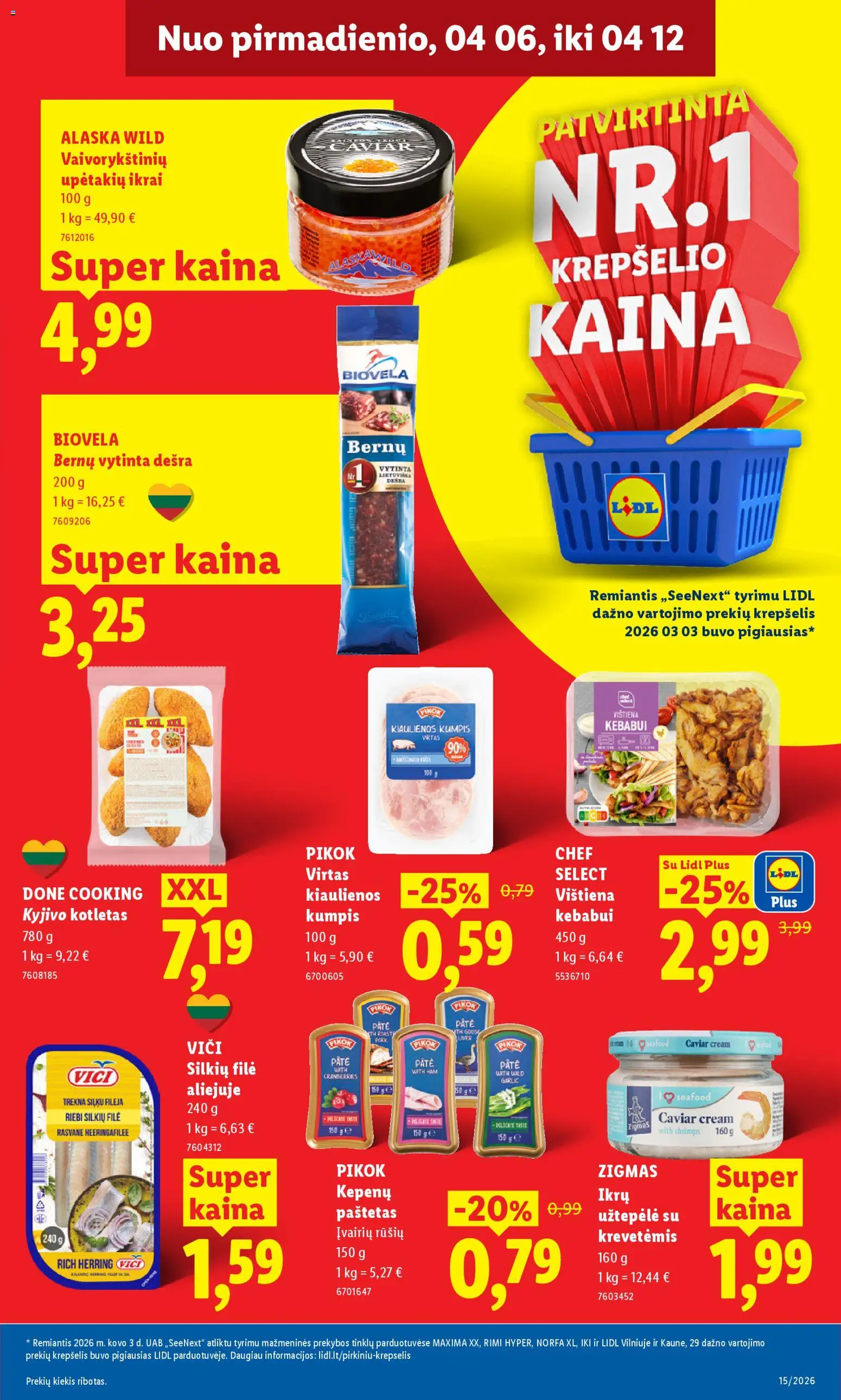 LIDL akcijos nuo 06.04.2026 | Puslapis: 7 | Prekių: Kumpis, Dešra, Krepšelis, Ikrai