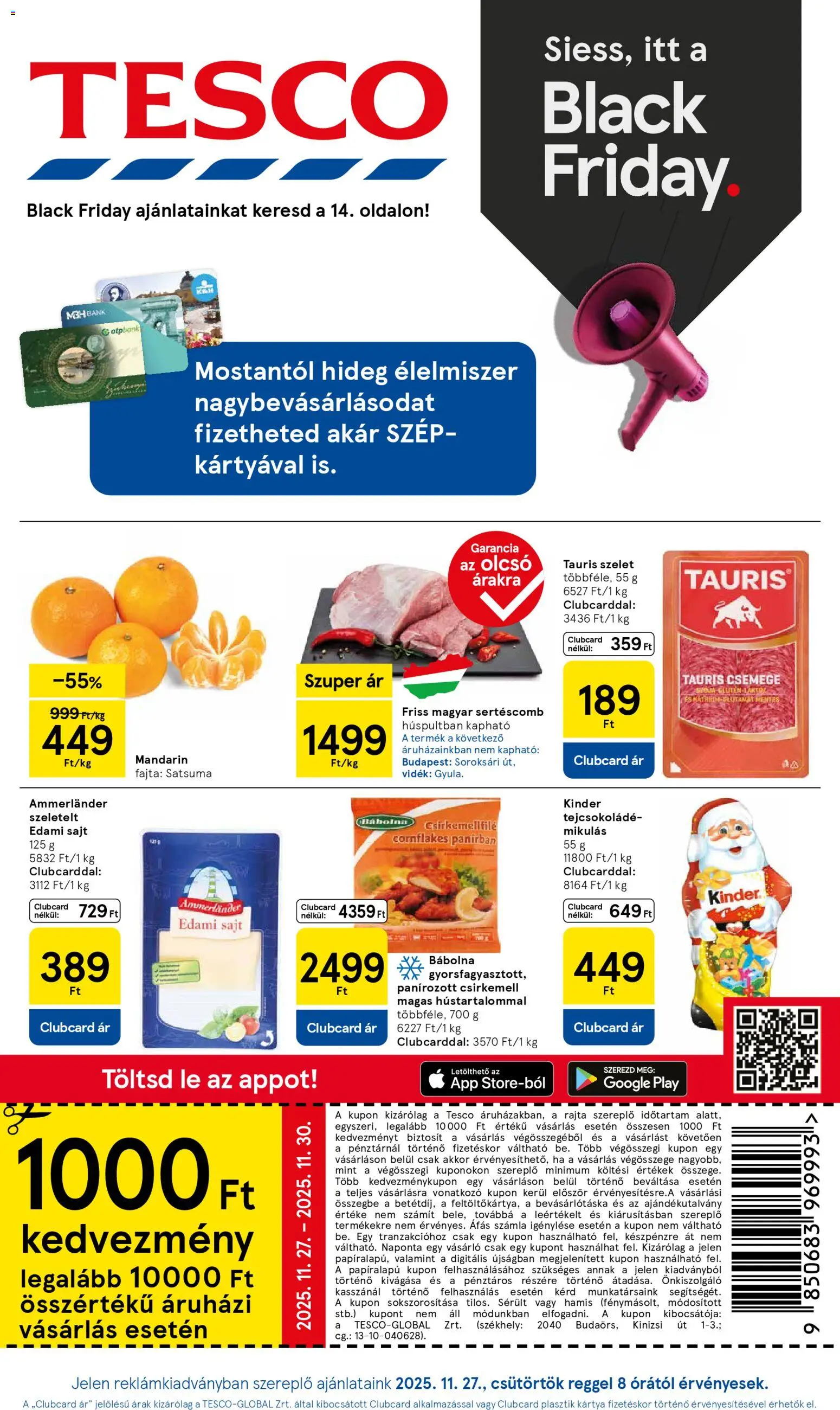 Tesco akciós ujság - amely érvényes a következő dátumtól: 27.11.2025 | Oldal: 1 | Termékek: Edami sajt, Sajt, Mandarin, Csirkemell