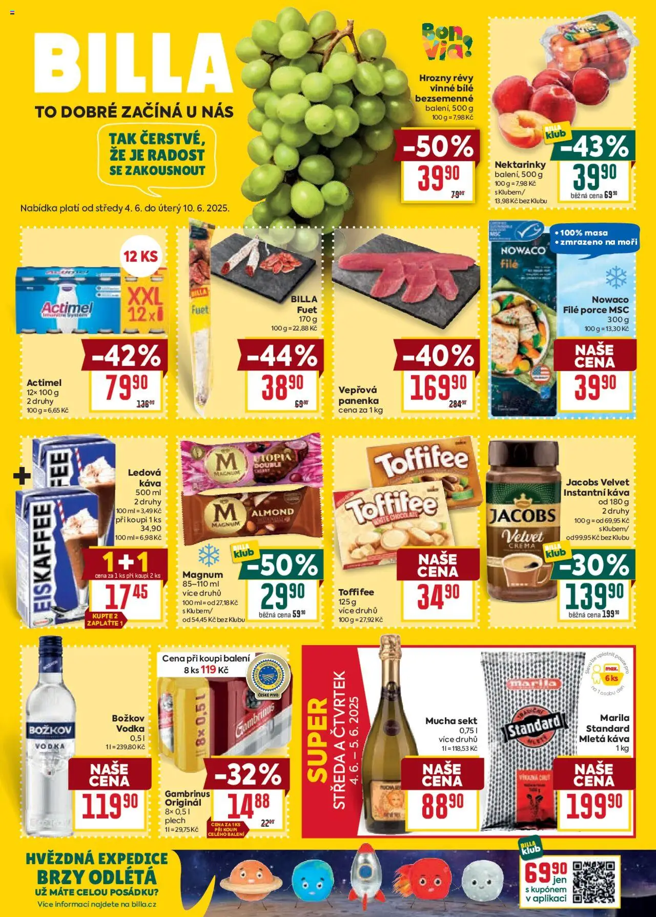 Billa Velký leták od 04.06.2025 | Strana: 1 | Produkty: Plech, Jacobs, Gambrinus, Mletá káva